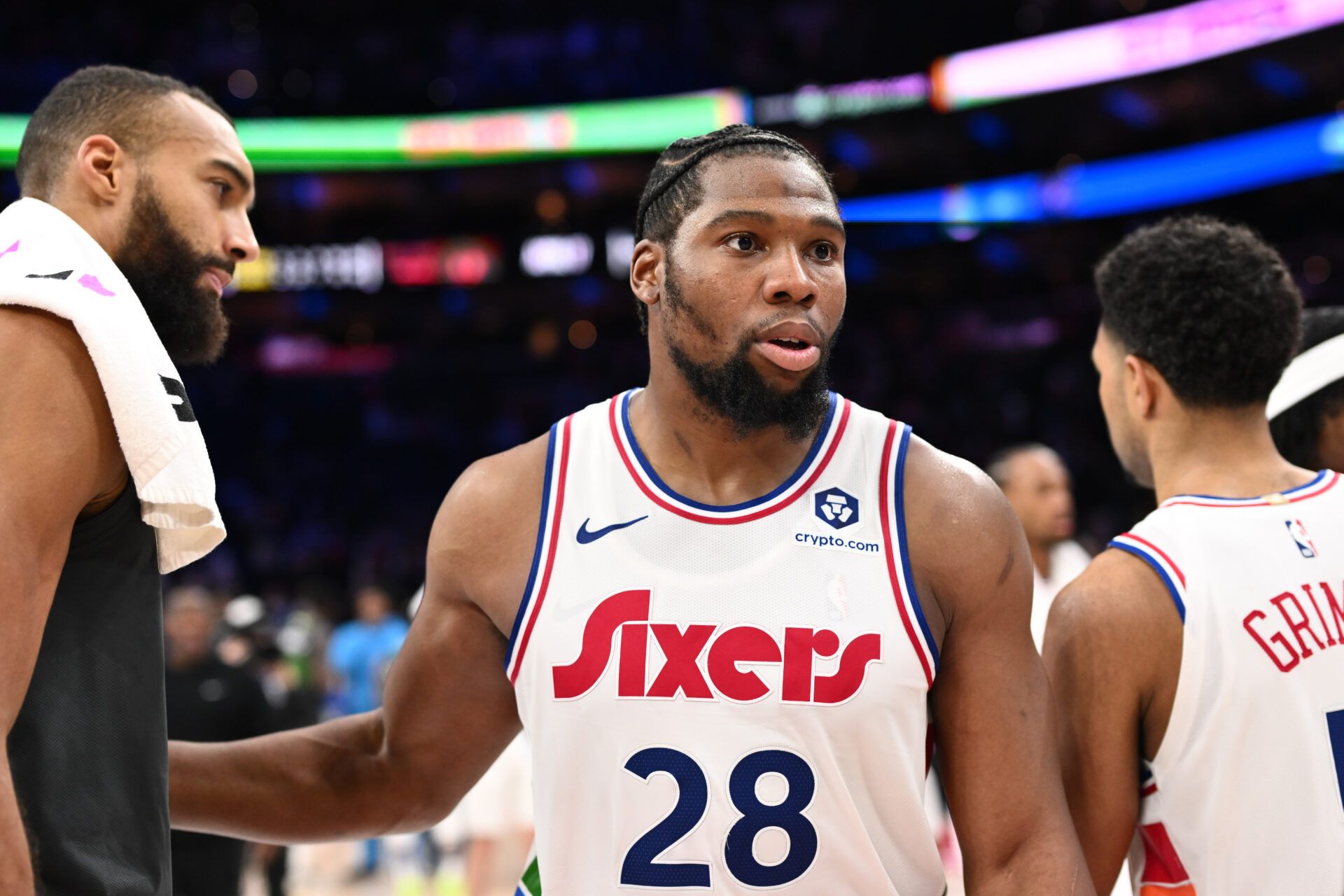 Philadelphia 76ers forward Guerschon Yabusele (28) looks on with Minnesota Timberwolves center Rudy Gobert (27) after the game at Wells Fargo Center.