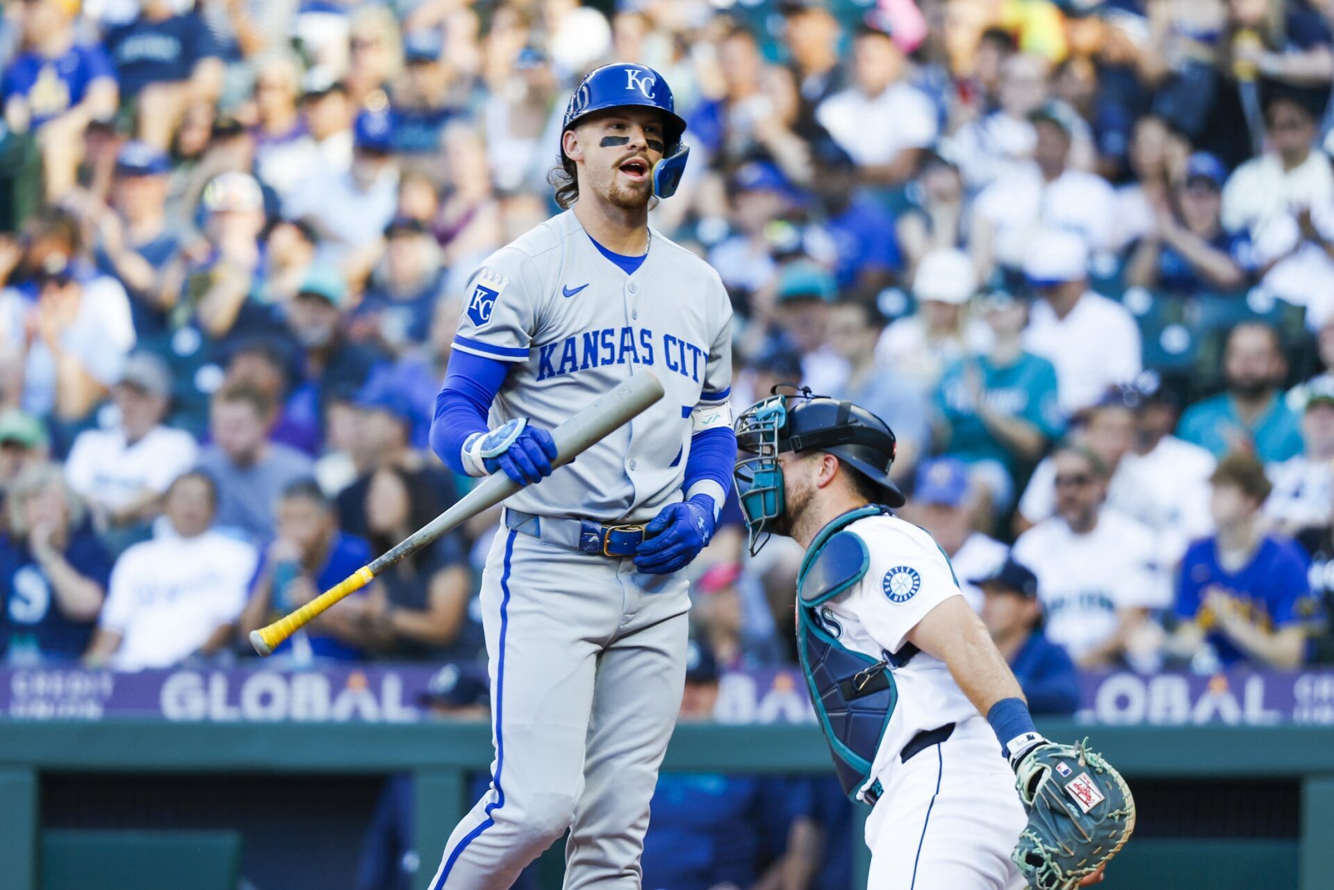 Kansas City Royals shortstop Bobby Witt Jr. (7) reacts after striking out against the Seattle Mariners during the first inning at T-Mobile Park.
