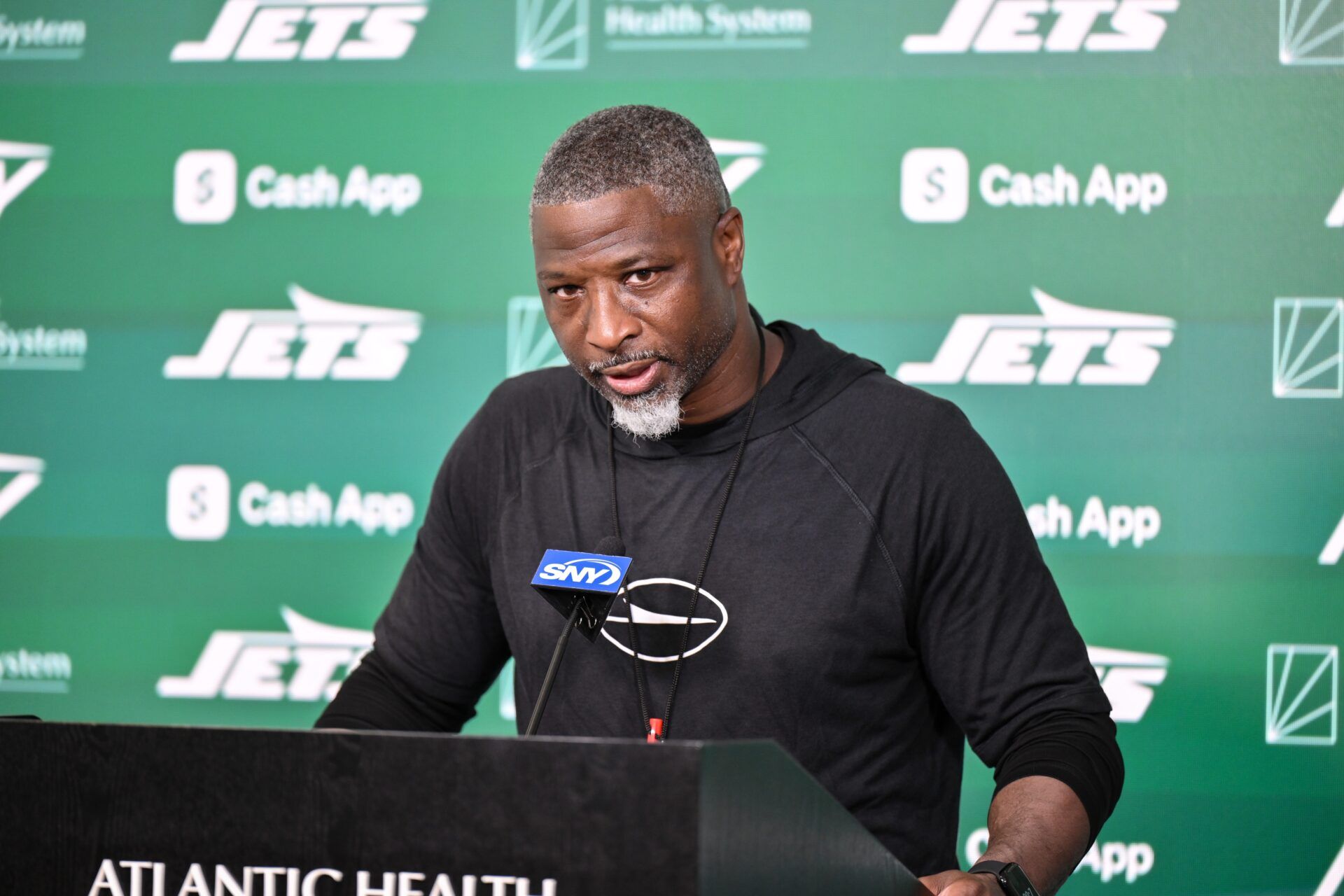 New York Jets head coach Aaron Glenn speaks at a press conference during minicamp at Atlantic Health Jets Training Center.