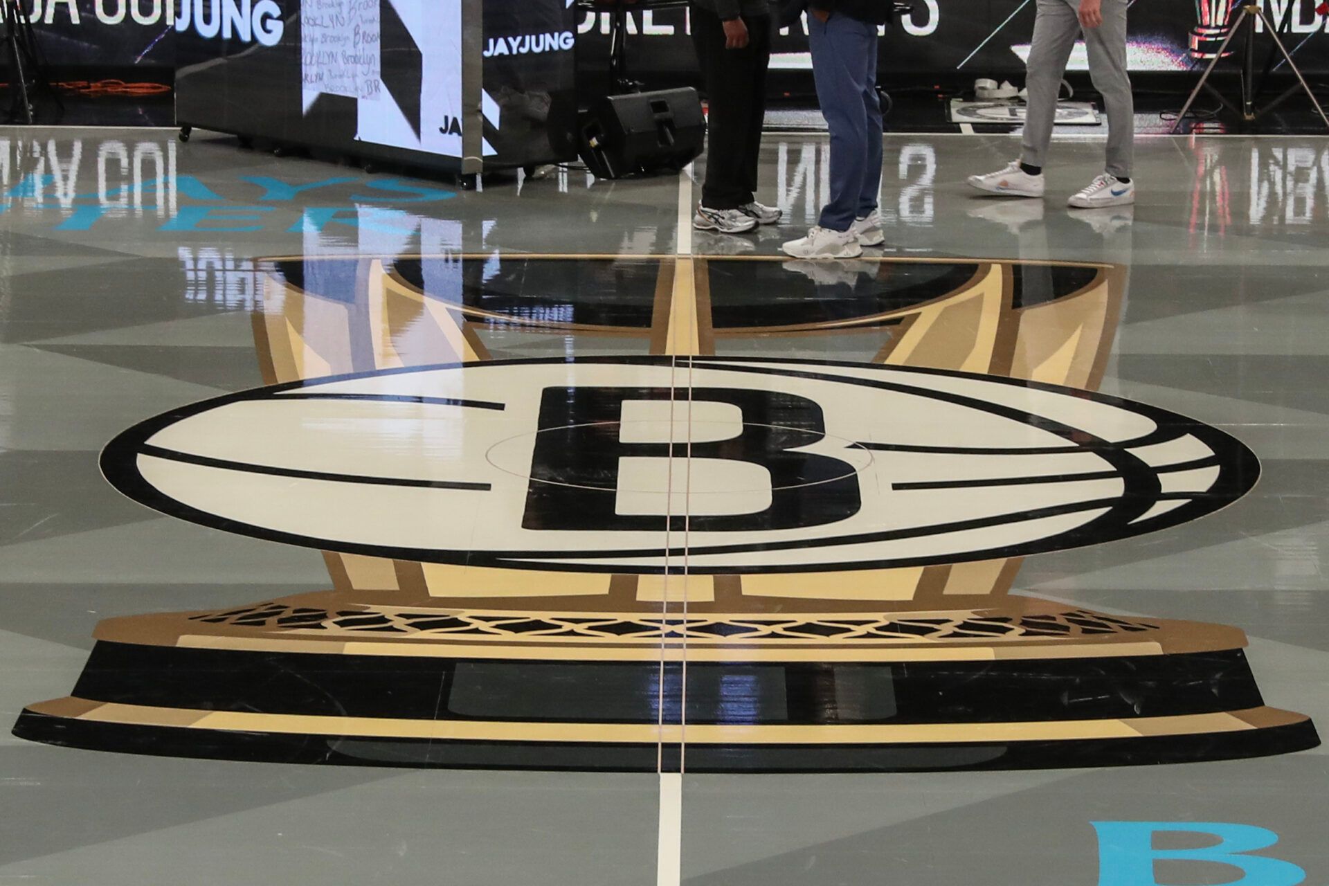 The Brooklyn Nets NBA Cup logo at center court before tip-off against the Orlando Magic at Barclays Center.