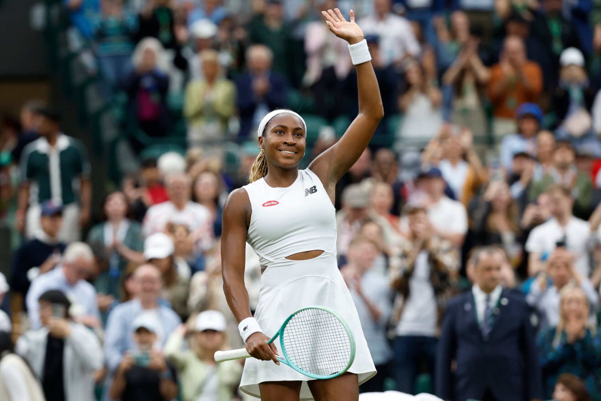 Coco Gauff (USA) waves to the crowd after her match against Sonay Kartal (GBR)(not pictured) in ladies' singles on day five of The Championships Wimbledon 2024 at All England Lawn Tennis and Croquet Club.