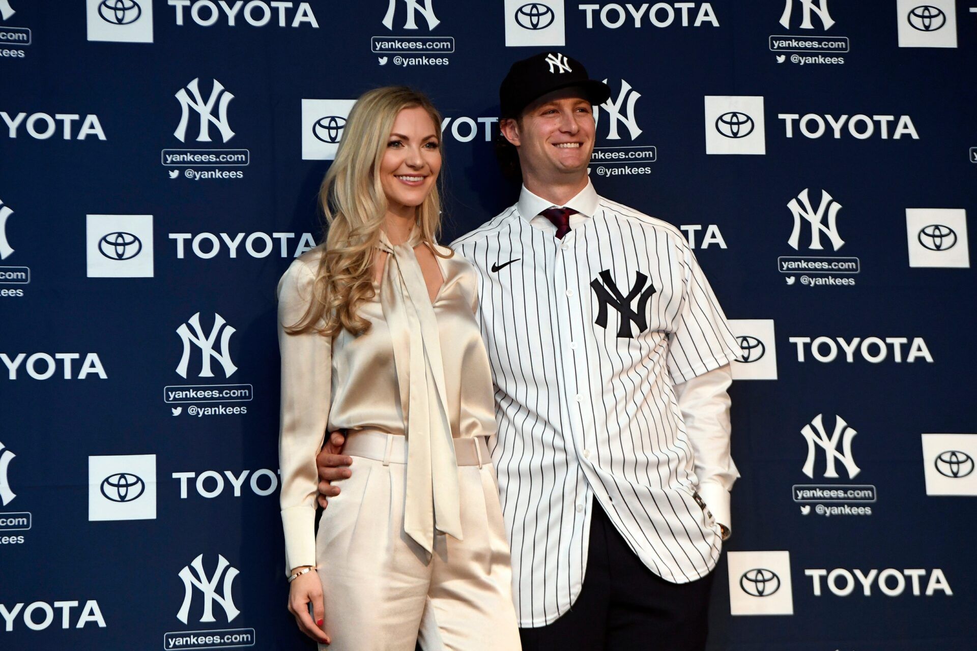 New Yankees pitcher Gerrit Cole poses for photos with wife Amy Crawford at Legends Club at Yankee Stadium.

Yanks Cole Presser