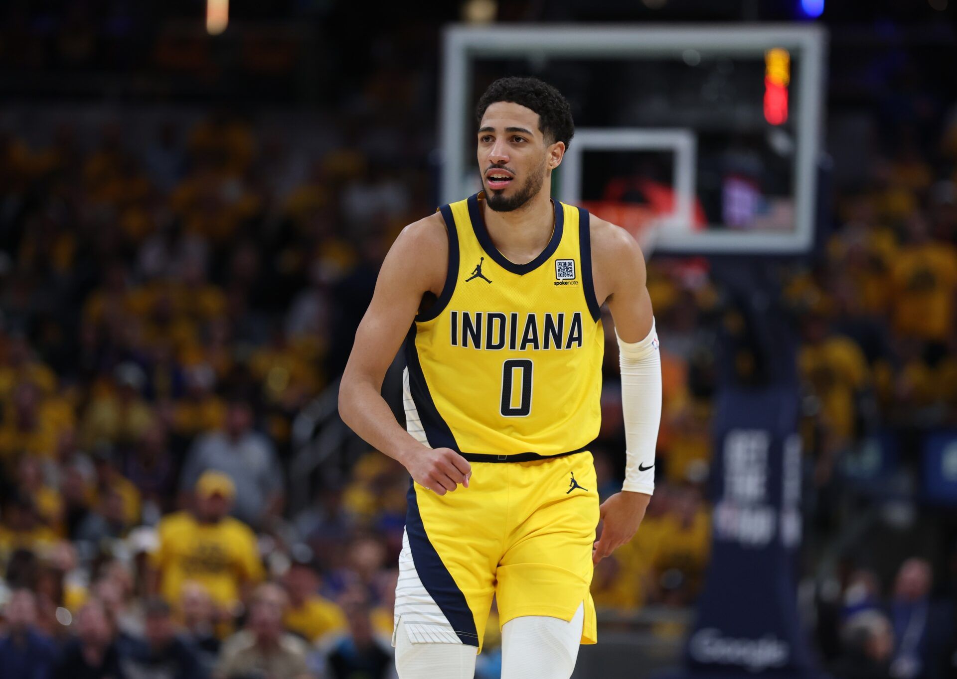 Indiana Pacers guard Tyrese Haliburton (0) reacts after shooting a three point basket during the second quarter against the New York Knicks of game four of the eastern conference finals for the 2025 NBA Playoffs at Gainbridge Fieldhouse.