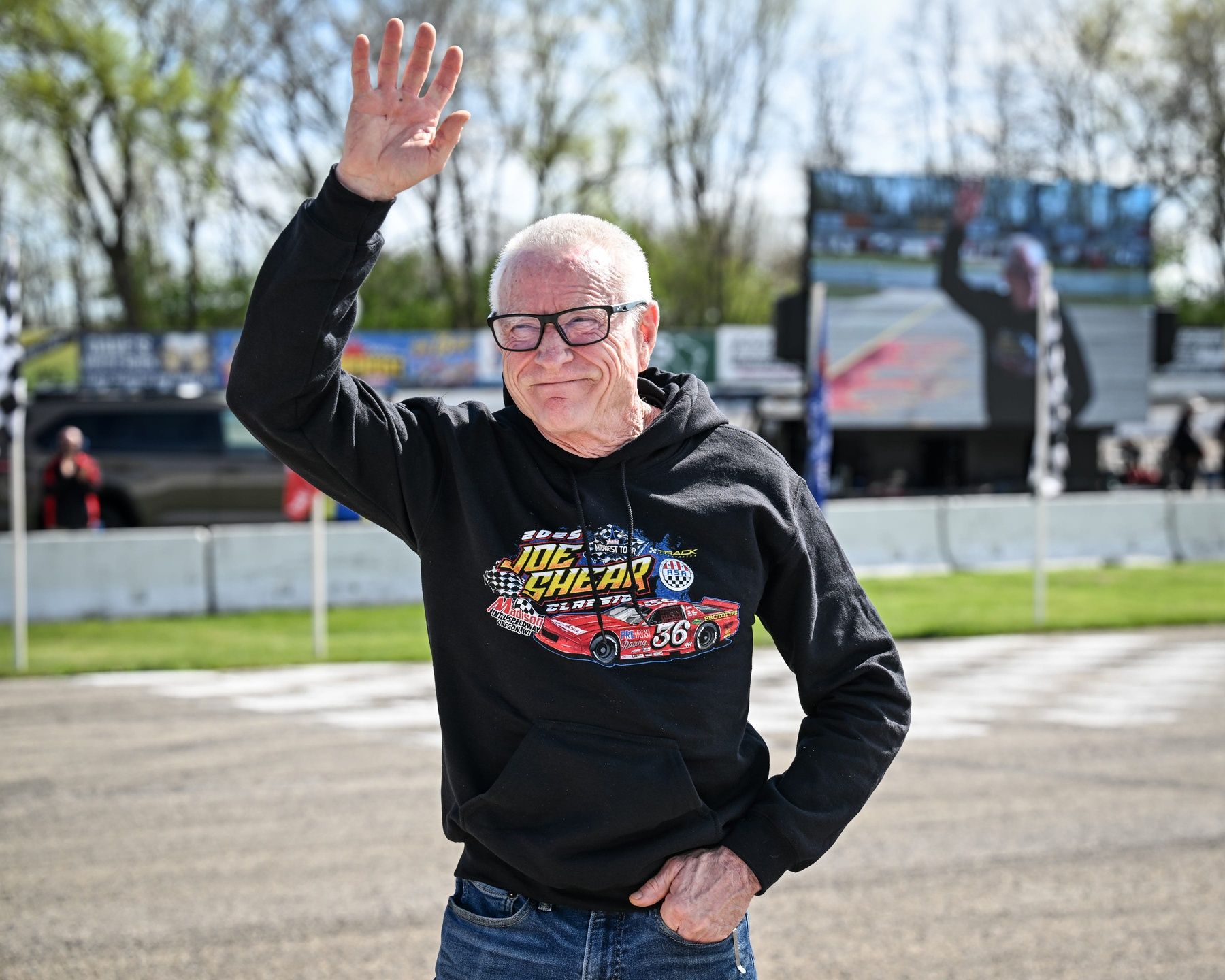 NASCAR Hall of Famer Mark Martin, serving as grand marshal for the ASA Midwest Tour Joe Shear Classic, waves to the crowd Sunday, May 4, 2025, at Madison International Speedway in Town of Rutland, Wisconsin.