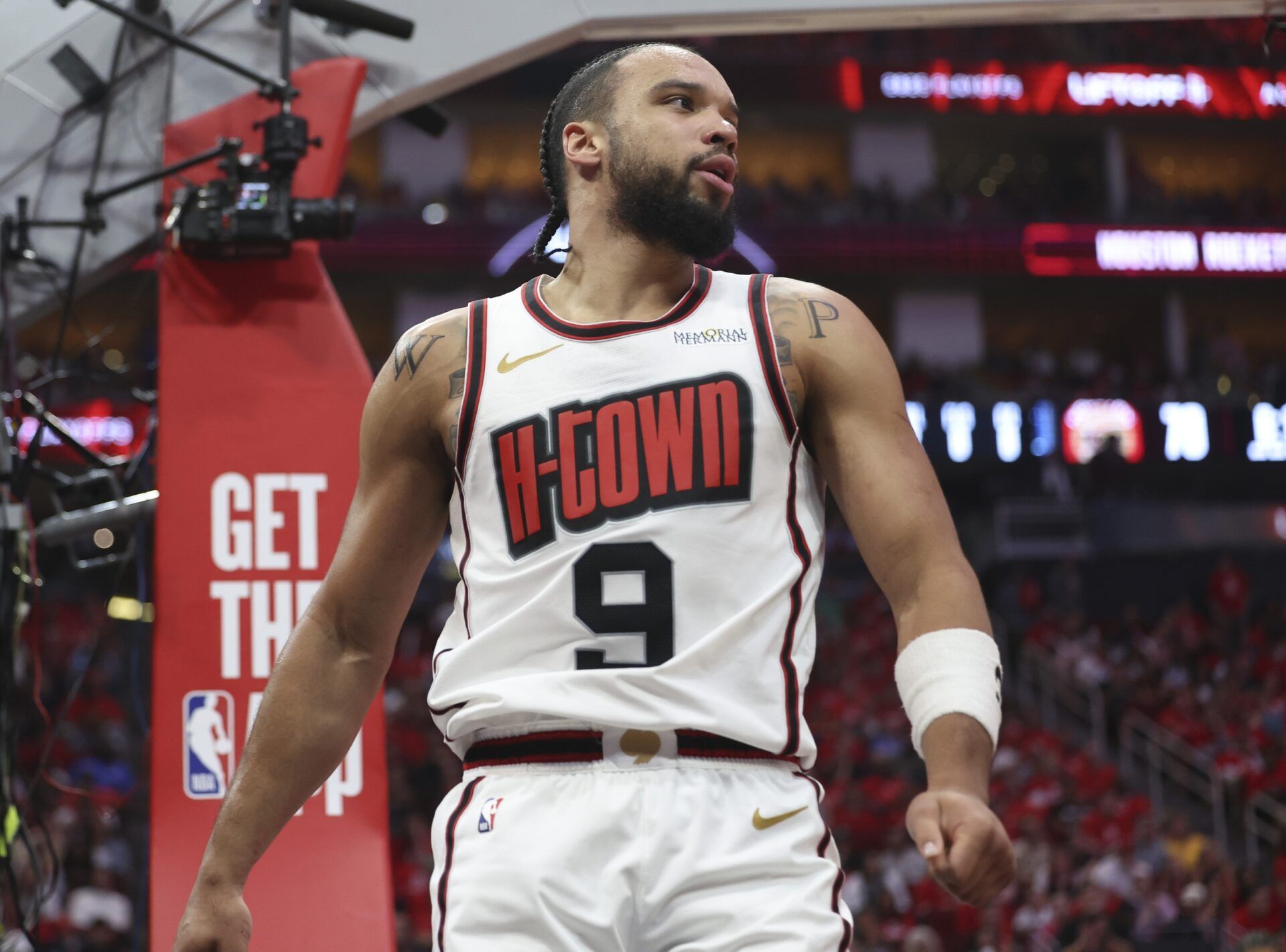 Houston Rockets forward Dillon Brooks (9) reacts after a play during the fourth quarter of game seven of the first round for the 2025 NBA Playoffs against the Golden State Warriors at Toyota Center.