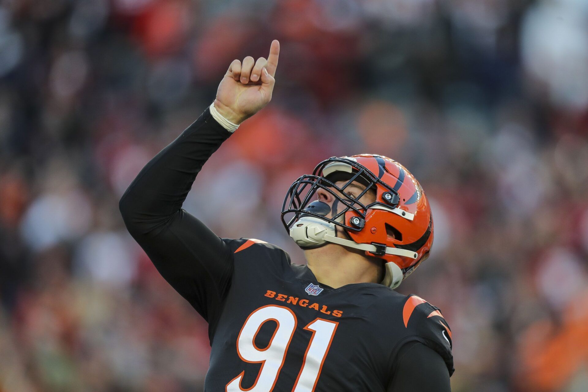 Cincinnati Bengals defensive end Trey Hendrickson (91) reacts after sacking San Francisco 49ers quarterback Jimmy Garoppolo (not pictured) in the first half at Paul Brown Stadium.