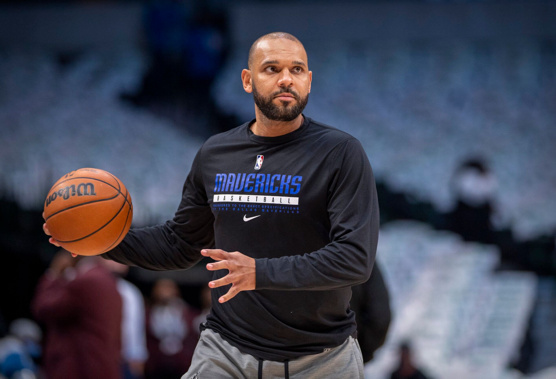 Dallas Mavericks assistant coach Jared Dudley works with the Mavericks before the game against the Boston Celtics at the American Airlines Center.