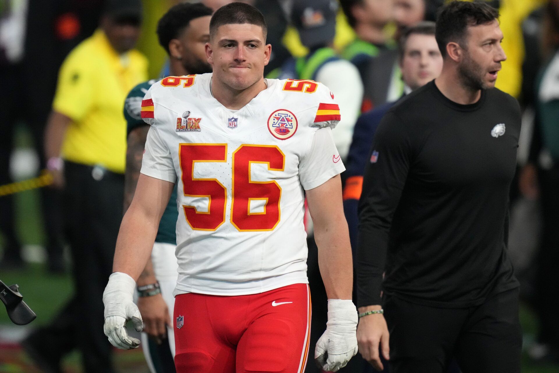 Kansas City Chiefs defensive end George Karlaftis (56) reacts after the losing to the Philadelphia Eagles in Super Bowl LIX at Caesars Superdome.