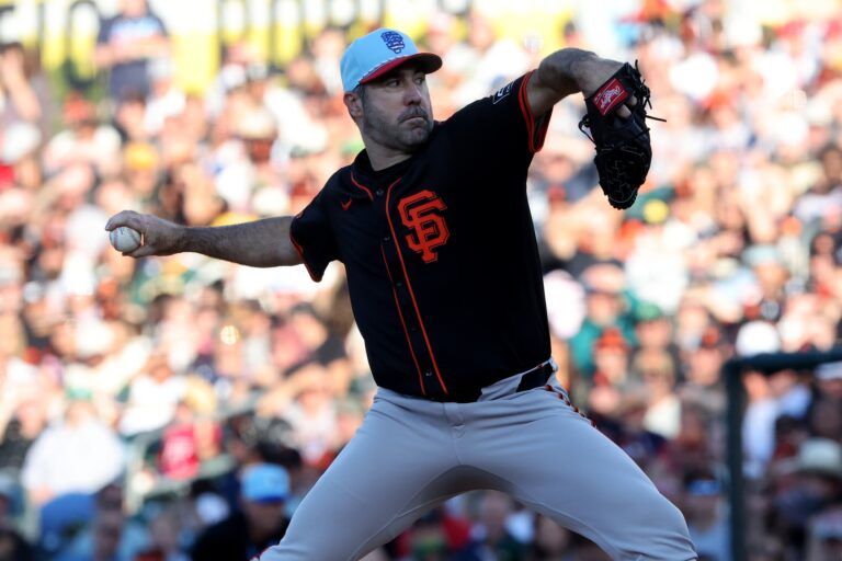 San Francisco Giants starting pitcher Justin Verlander (35) throws a pitch against the Athletics during the first inning at Sutter Health Park.