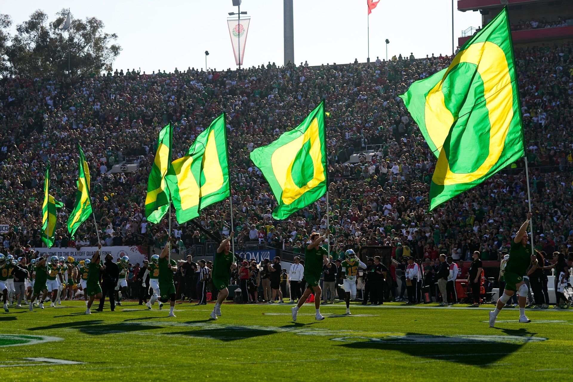 The Oregon Ducks take the field for the College Football Playoff quarterfinal against the Ohio State Buckeyes at the Rose Bowl in Pasadena, Calif. on Jan. 1, 2025. Ohio State won 41-21.