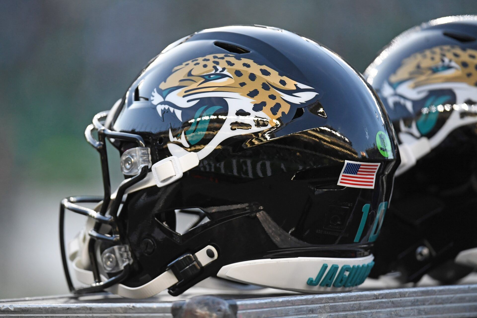 Jacksonville Jaguars helmets on the sidelines against the Philadelphia Eagles at Lincoln Financial Field.
