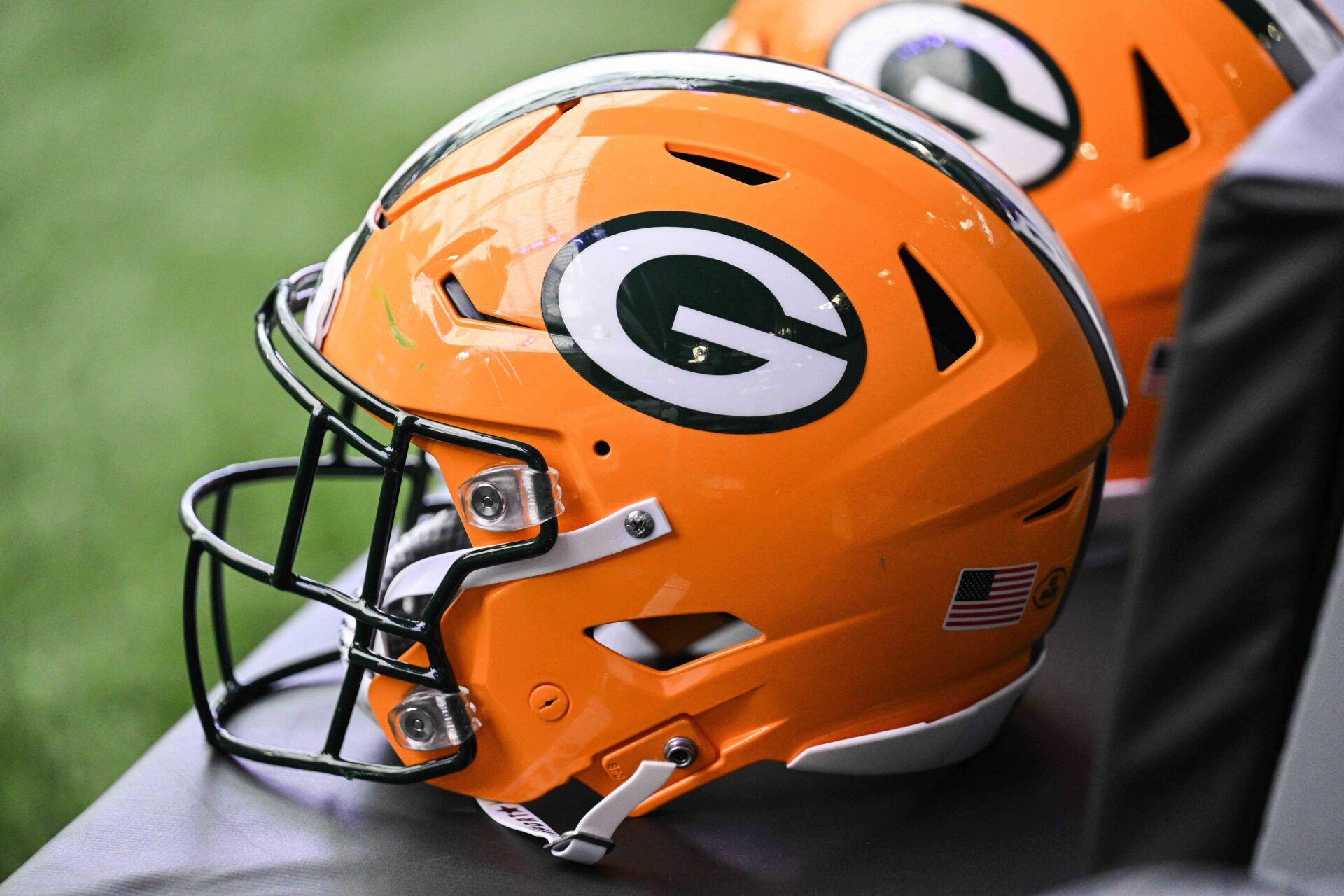 A Green Bay Packers helmet sits ready before the game against the Minnesota Vikings at U.S. Bank Stadium.