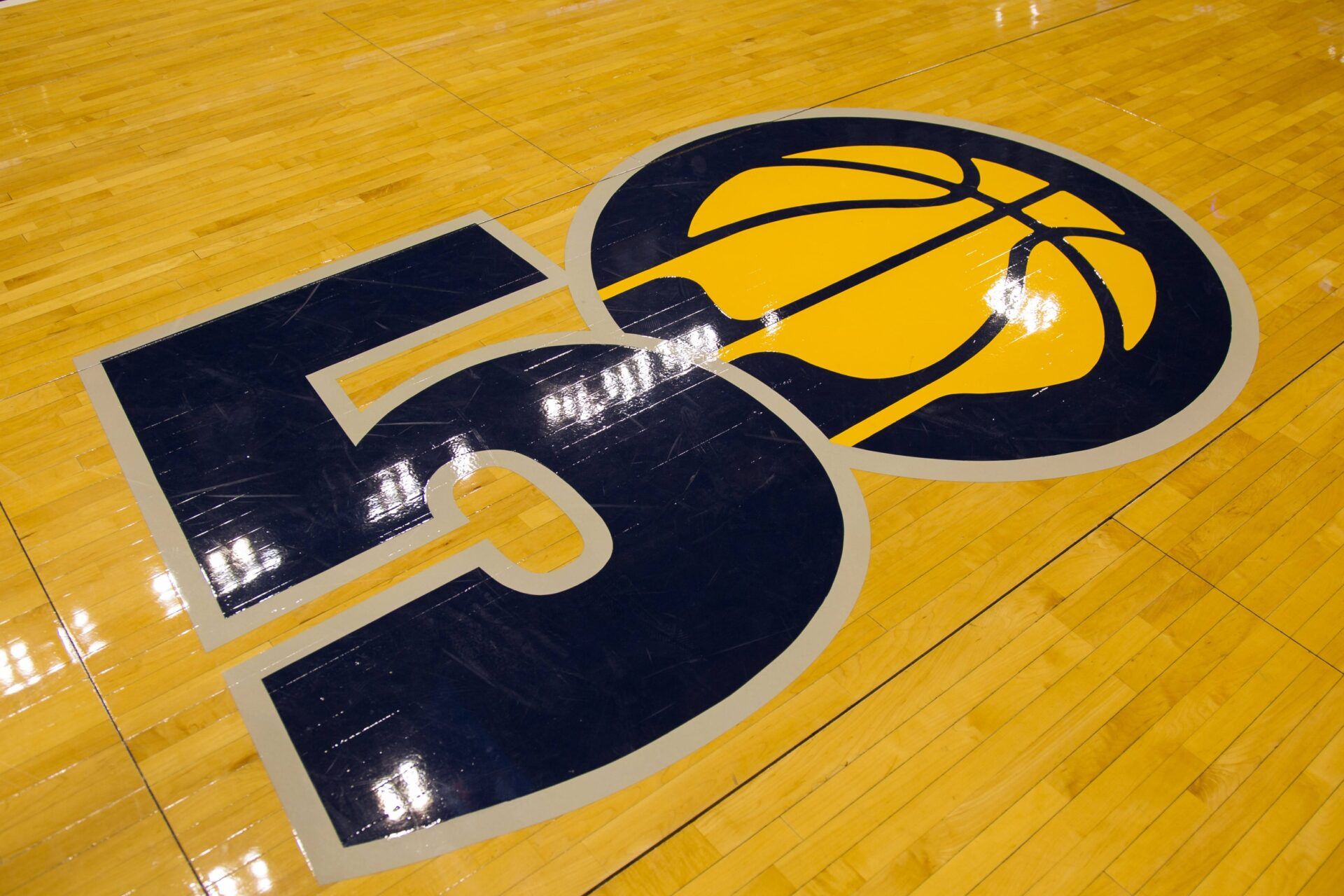 A general view of the 50 year logo on the court prior to the game between the Indiana Pacers and the Phoenix Suns at Bankers Life Fieldhouse.