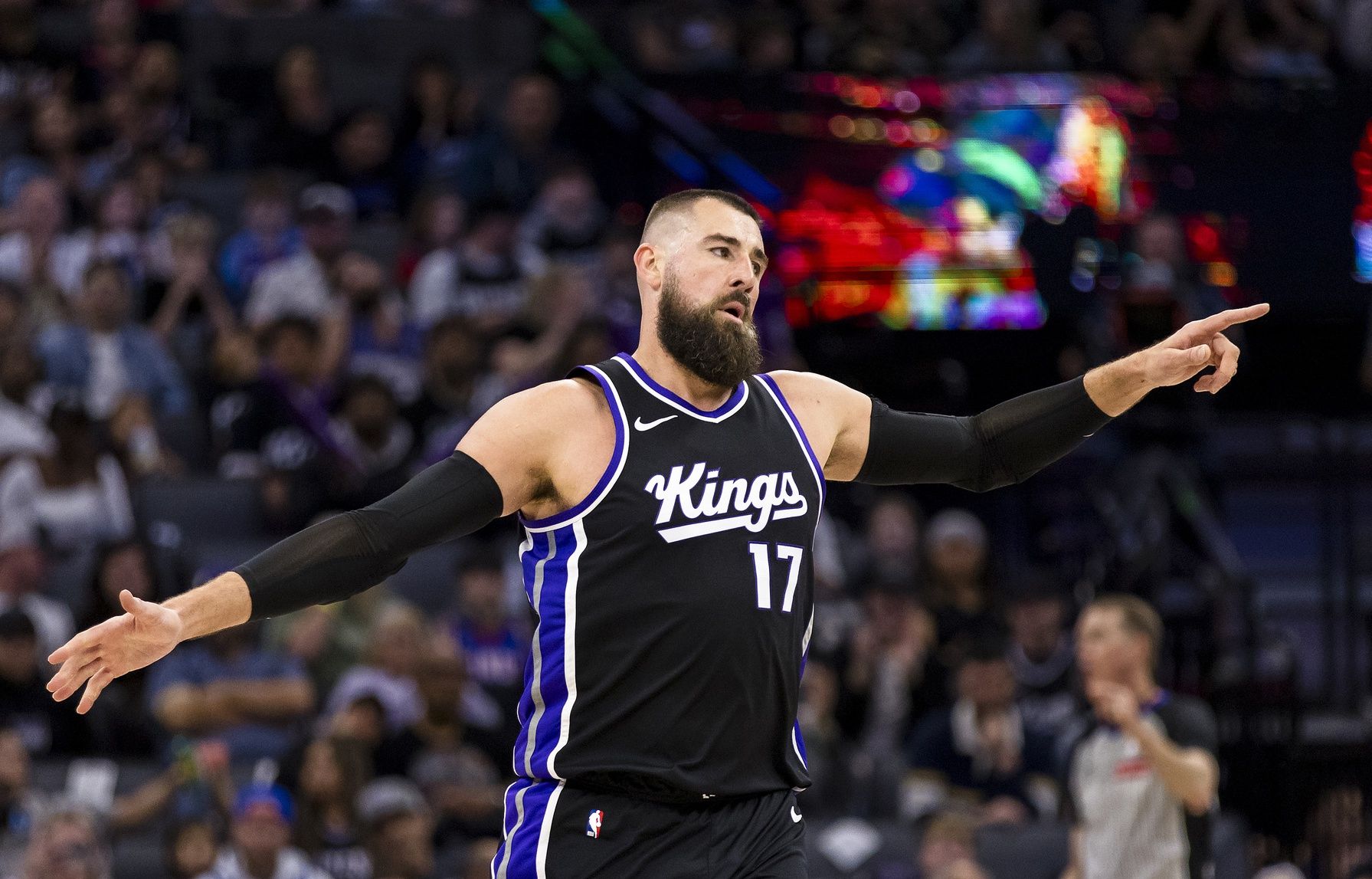 Sacramento Kings center Jonas Valanciunas (17) reacts after scoring against the Phoenix Suns during the fourth quarter at Golden 1 Center.
