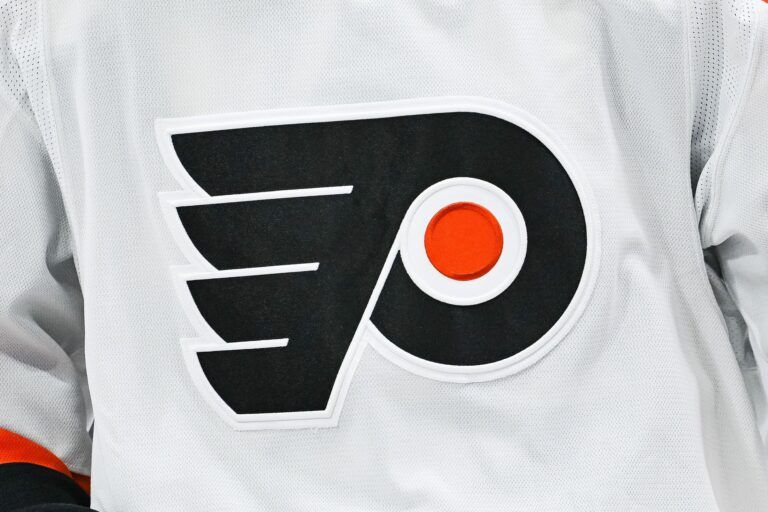 View of a Philadelphia Flyers logo on a jersey worn by a member of the team against the Montreal Canadiens during the second period at Bell Centre.