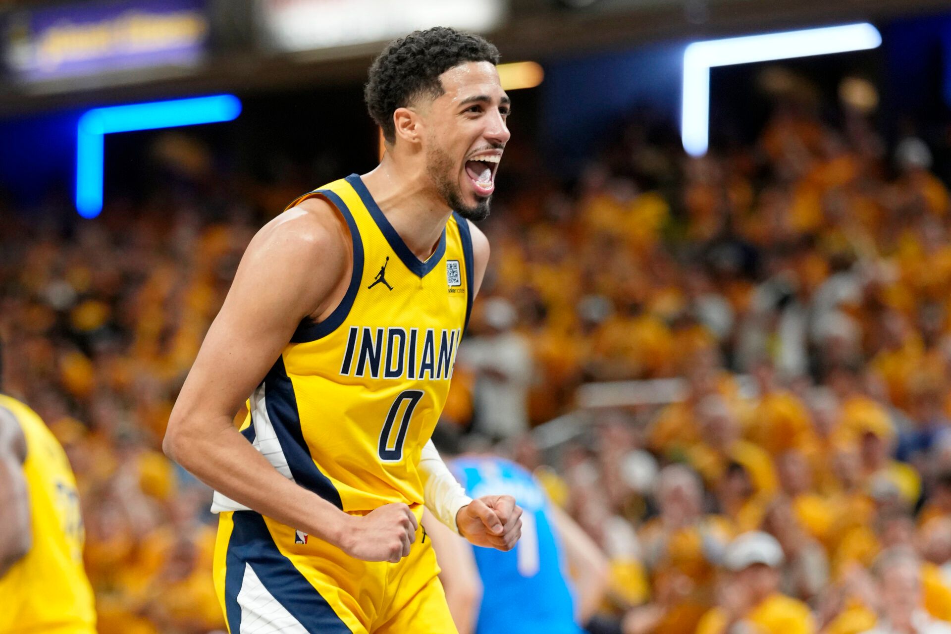 Indiana Pacers guard Tyrese Haliburton (0) reacts after a play against the Oklahoma City Thunder during the second half during game four of the 2025 NBA Finals at Gainbridge Fieldhouse.