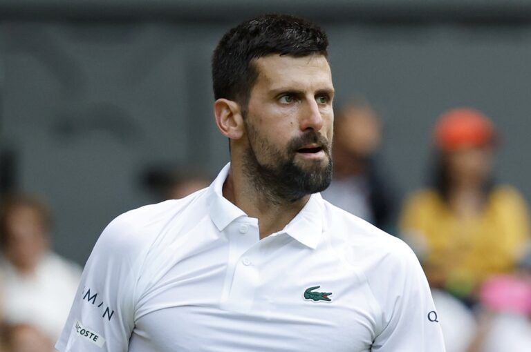 Novak Djokovic (SRB) looks into the stands after a fan noise during a double fault against Miomir Kecmanovic (SRB)(not pictured) on day six of The Championships Wimbledon 2025 at All England Lawn Tennis and Croquet Club.