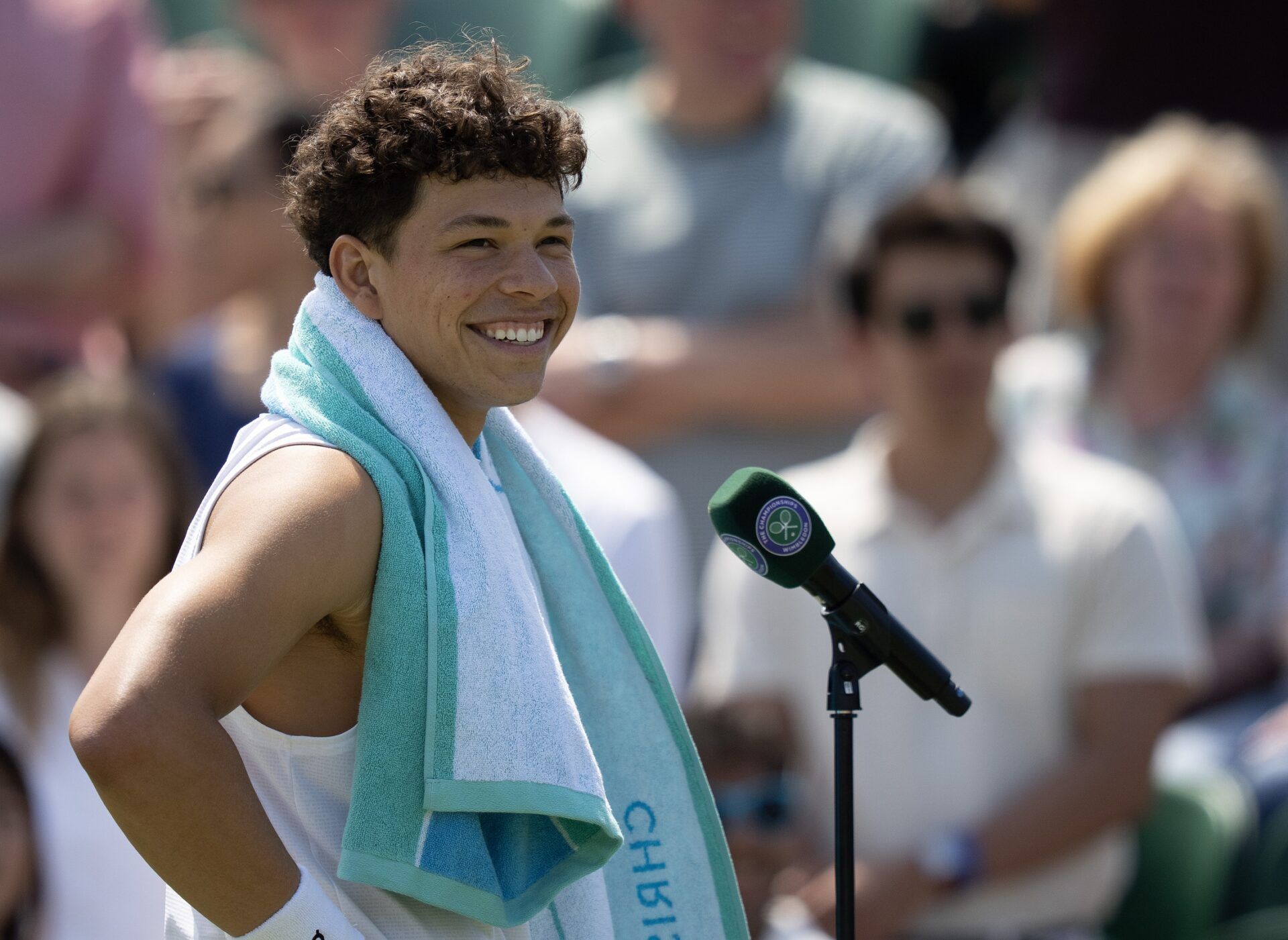 Ben Shelton of the United States celebrates winning his match against Rinky Hijikata of Australia on day five at the All England Lawn Tennis and Croquet Club.