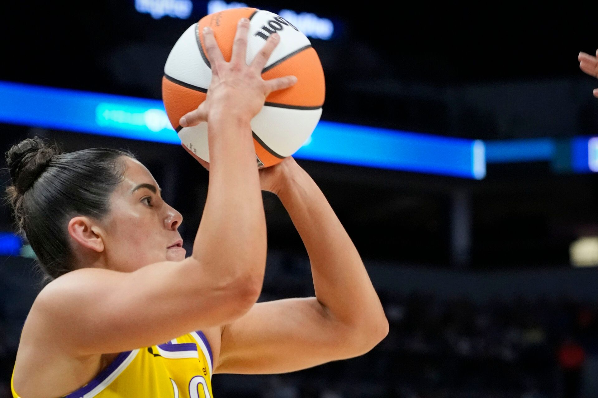 Los Angeles Sparks guard Kelsey Plum (10) shoots against the Minnesota Lynx in the first quarter at Target Center.