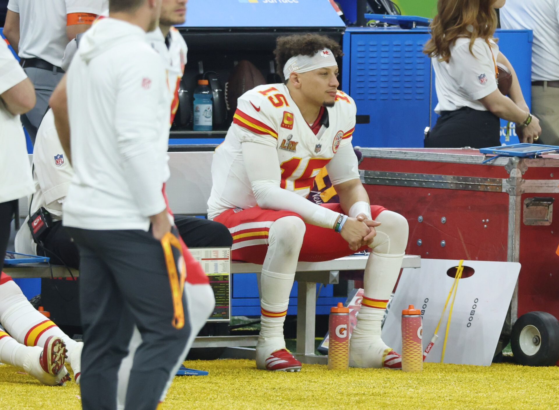 Kansas City Chiefs quarterback Patrick Mahomes (15) reacts from the sideline in the second half against the Philadelphia Eagles in Super Bowl LIX at Ceasars Superdome.