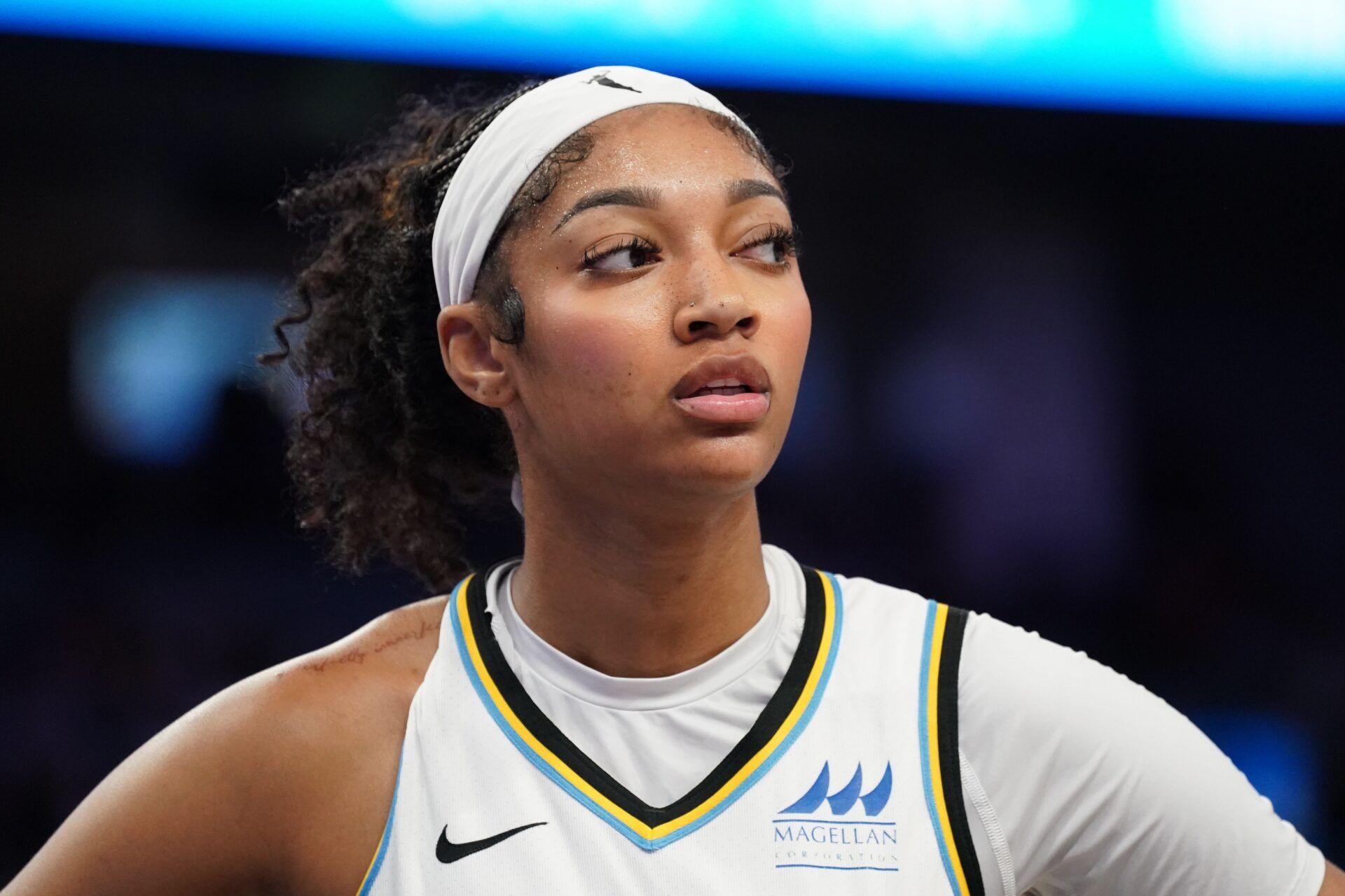 Chicago Sky forward Angel Reese (5) waits for play to resume in the second quarter against the Golden State Valkyries at Chase Center.