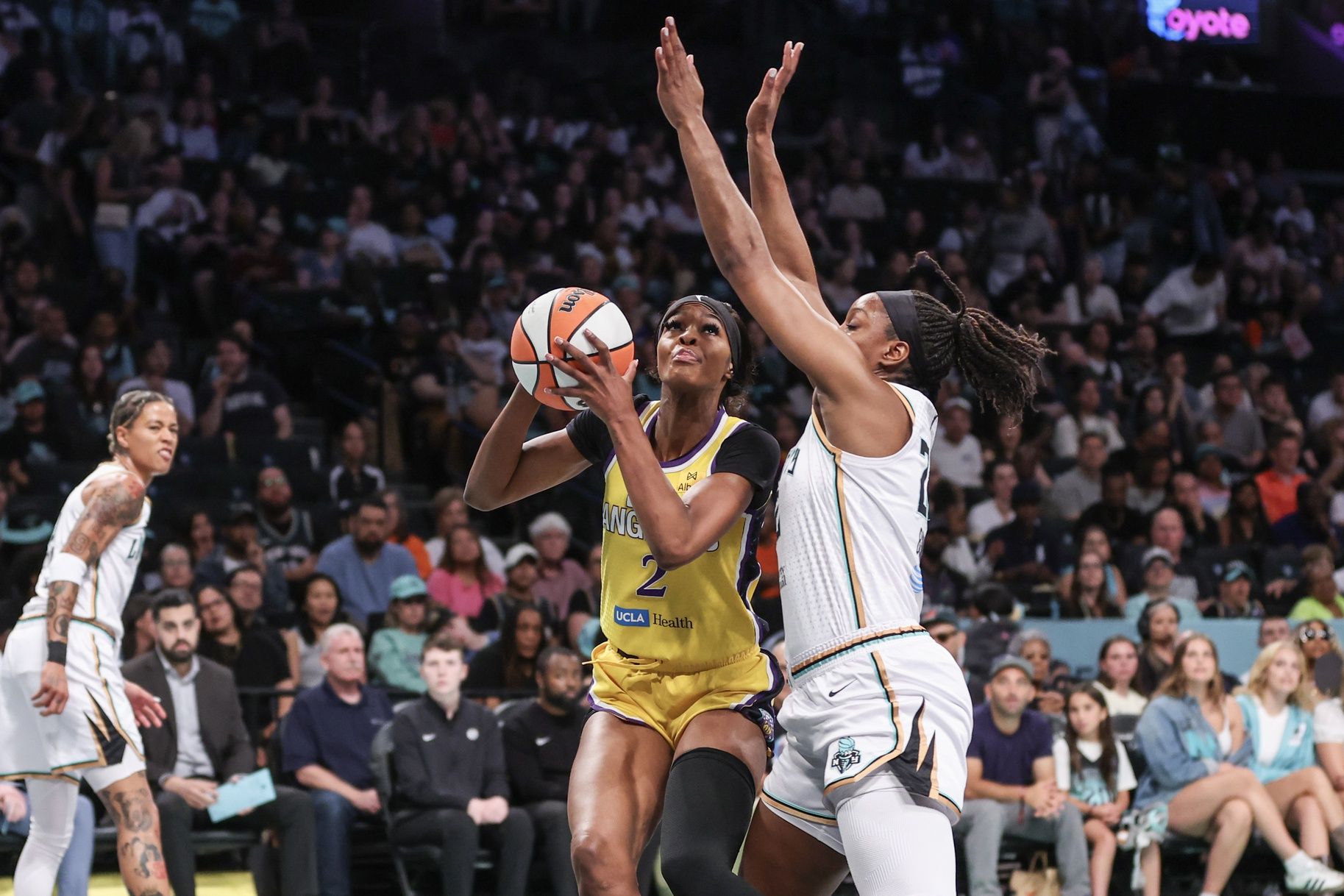 Los Angeles Sparks forward Rickea Jackson (2) looks to post up against New York Liberty forward Kennedy Burke (22) in the first quarter at Barclays Center.