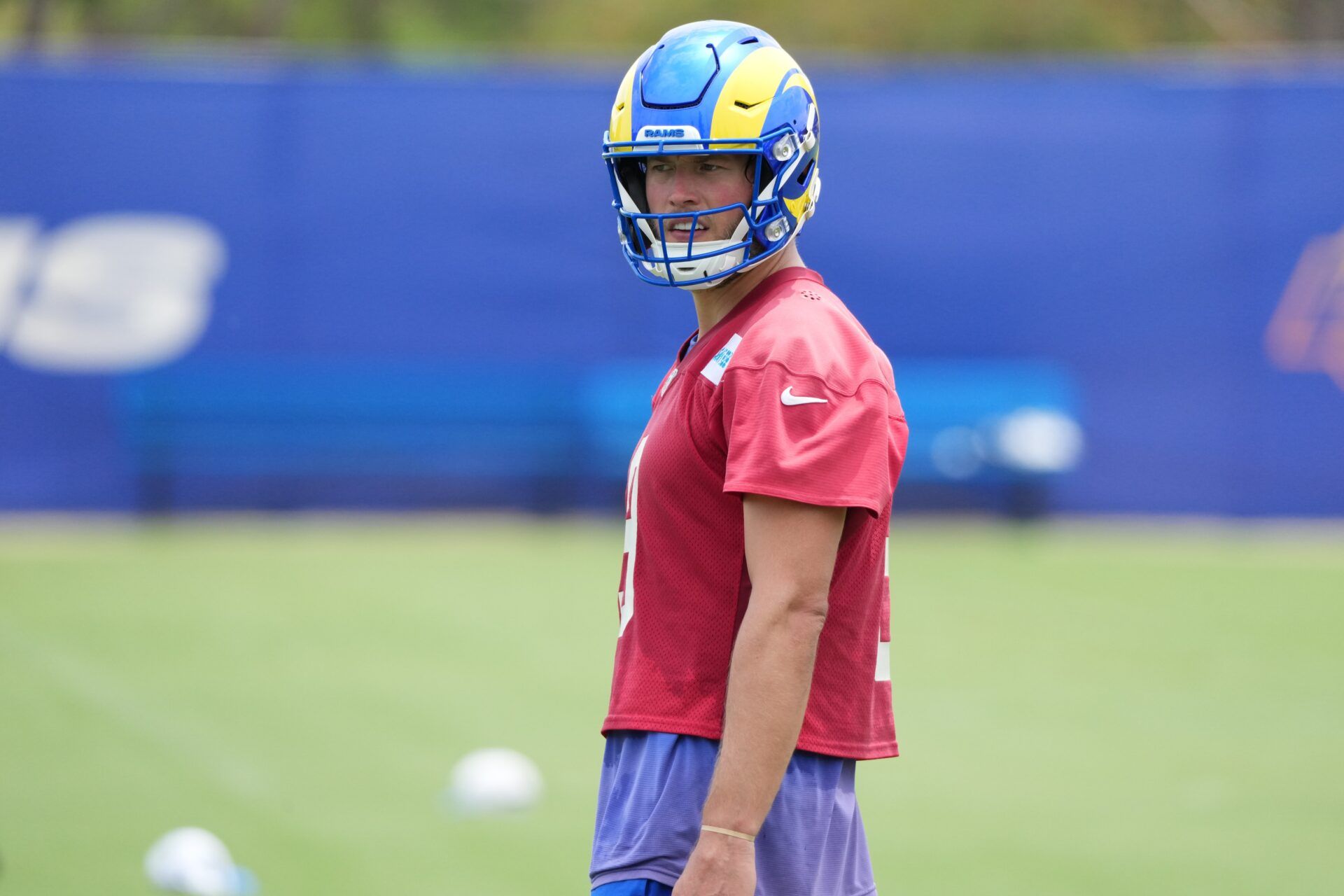 Los Angeles Rams quarterback Matthew Stafford (9) during organized team activities at Rams Practice Facility.