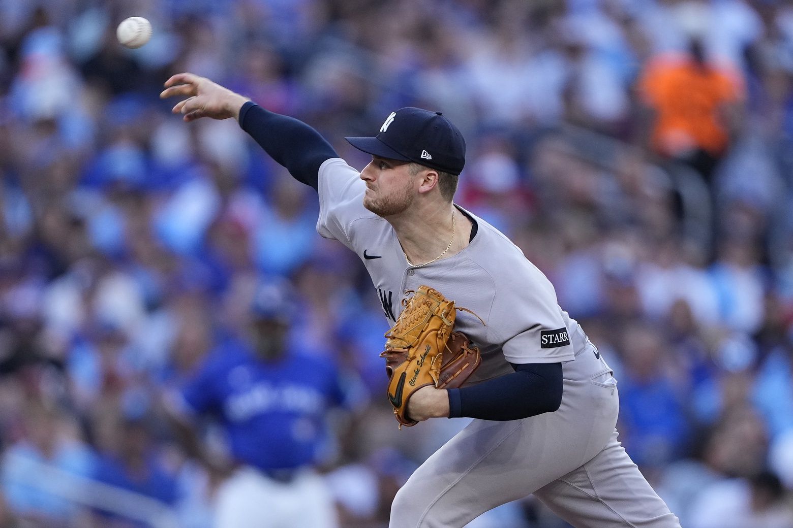 New York Yankees starting pitcher Clarke Schmidt (36) pitches to the Toronto Blue Jays during the first inning at Rogers Centre.