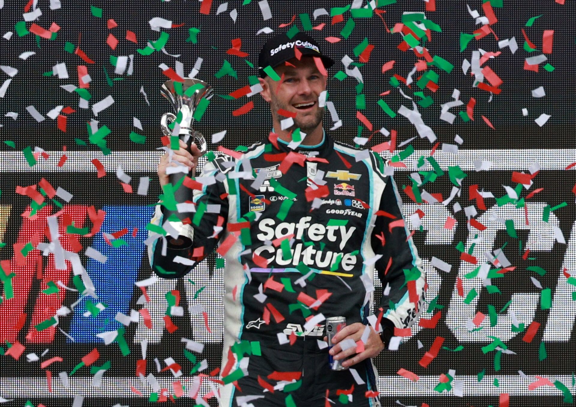 [US, Mexico & Canada customers only] June 15, 2025; Trackhouse Racing driver Shane Van Gisbergen celebrates winning on the podium after winning the NASCAR Cup Series Mexico City Race at Autodromo Hermanos Rodriguez.