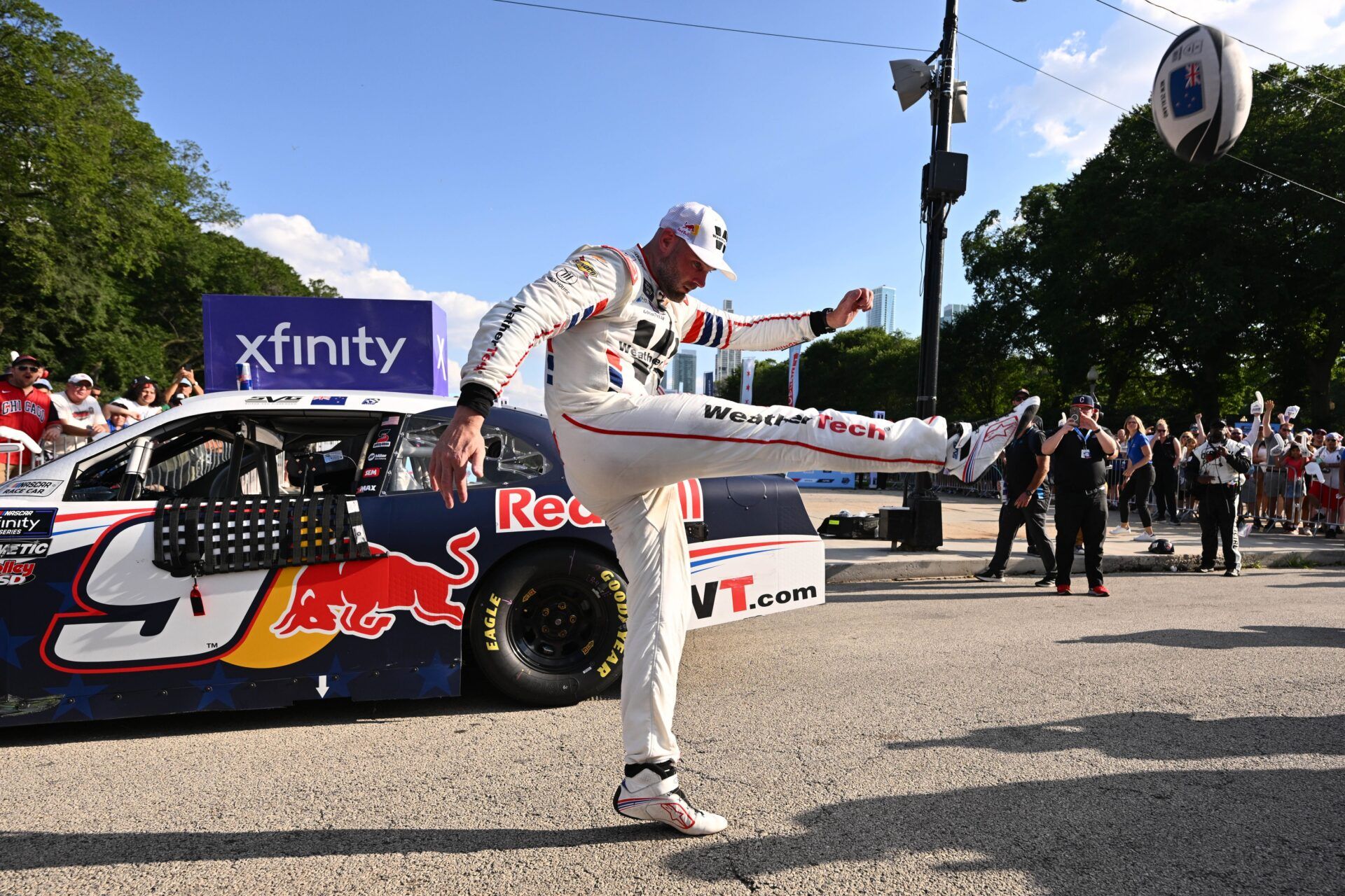 Xfinity Series driver Shane Van Gisberaen (9) reacts after winning the race during The Loop 110 at Chicago Street Race.