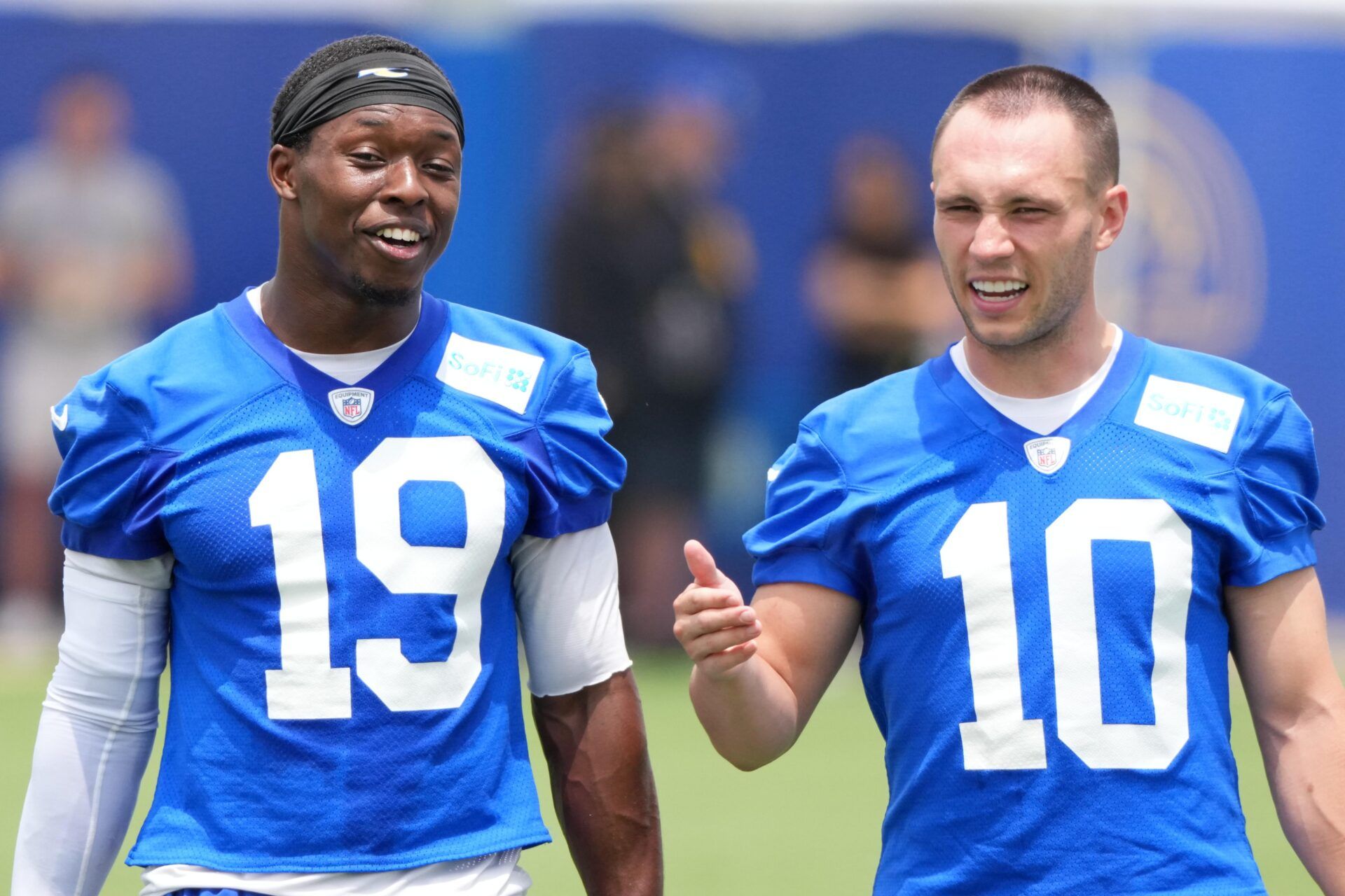 Los Angeles Rams receiver Xavier Smith (19) and Britain Covey (10) during organized team activities at Rams Practice Facility.