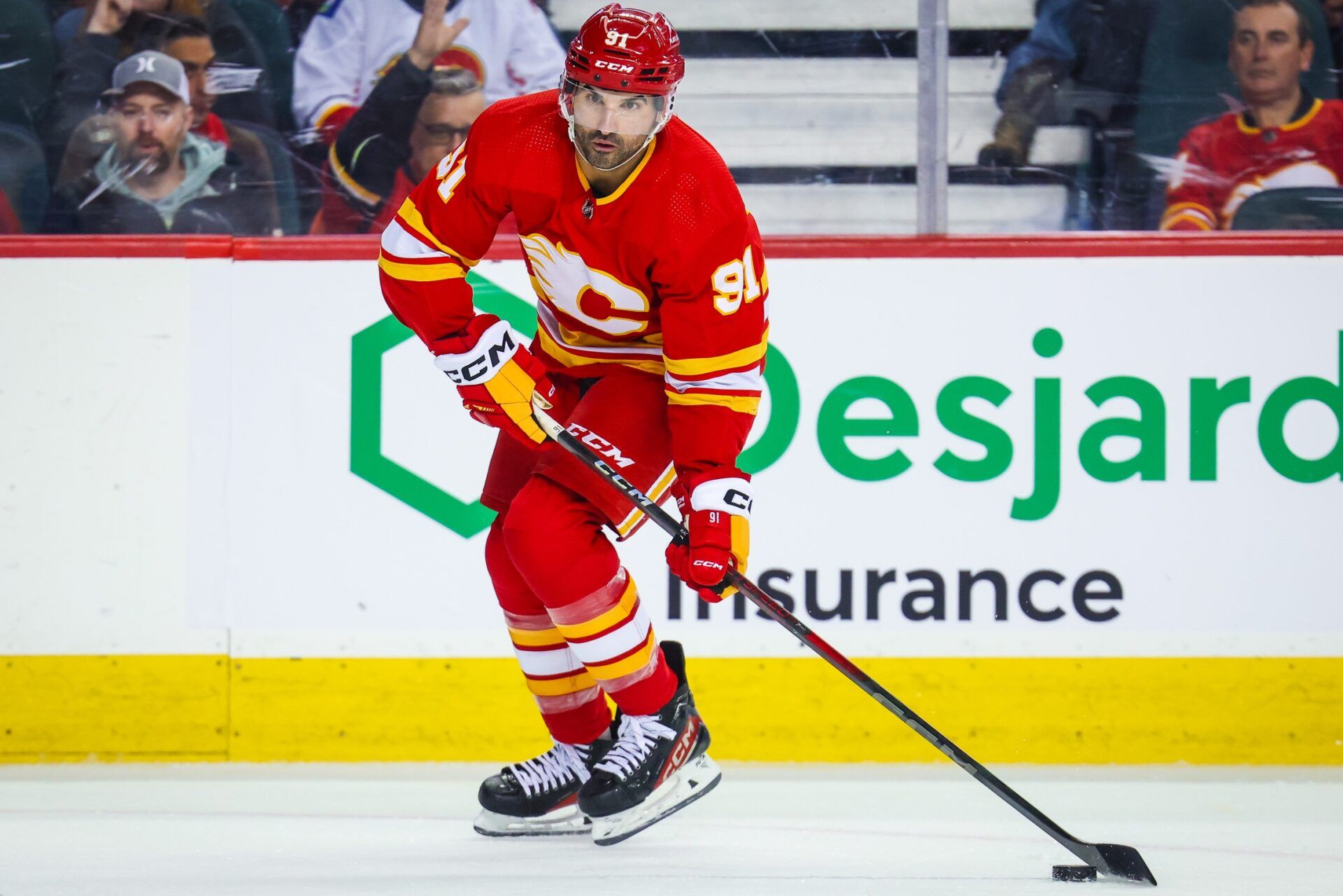 Calgary Flames center Nazem Kadri (91) controls the puck against the Buffalo Sabres during the second period at Scotiabank Saddledome.