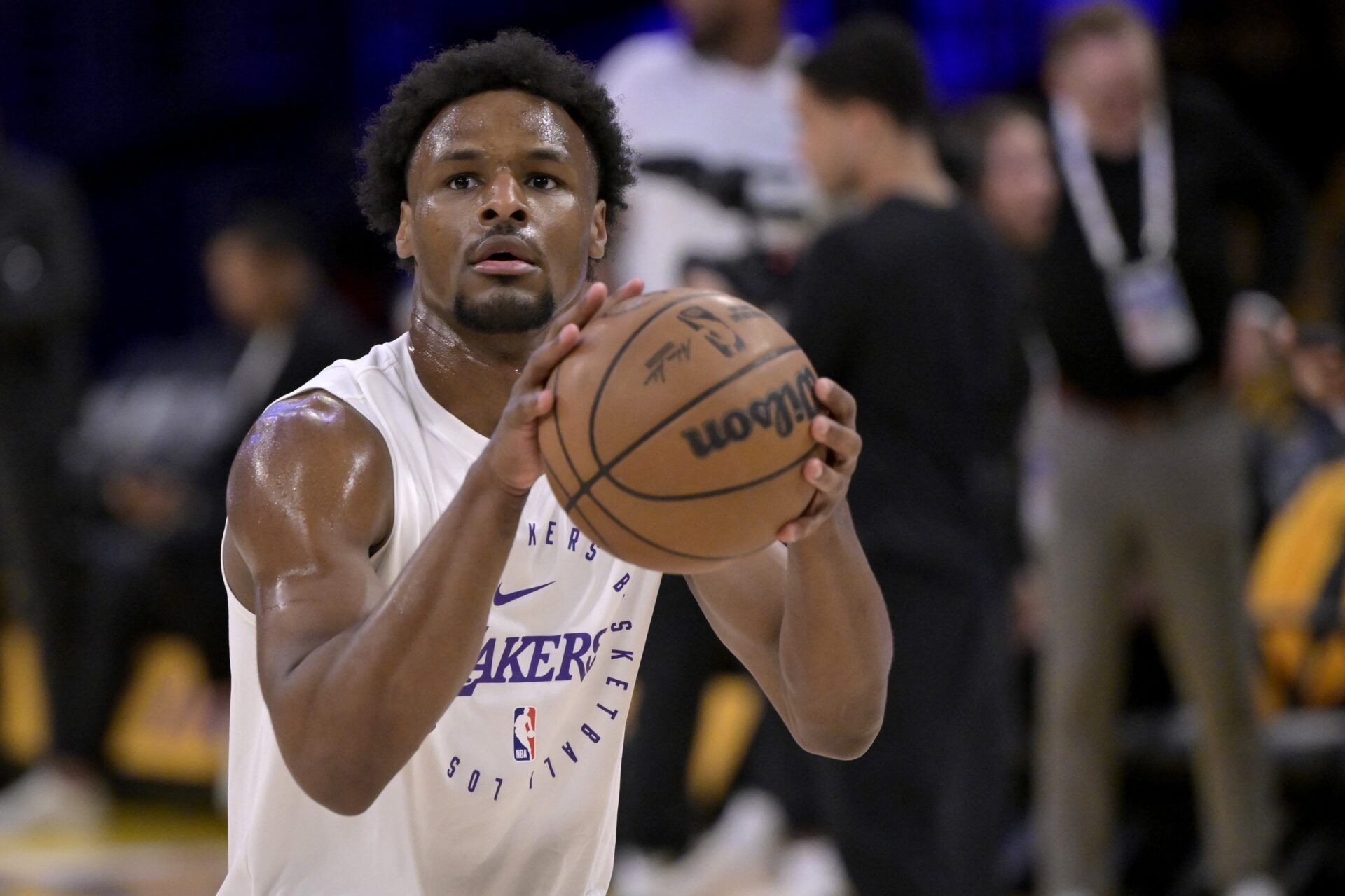 Los Angeles Lakers guard Bronny James (9) warms up prior to the game against the Minnesota Timberwolves at Crypto.com Arena.