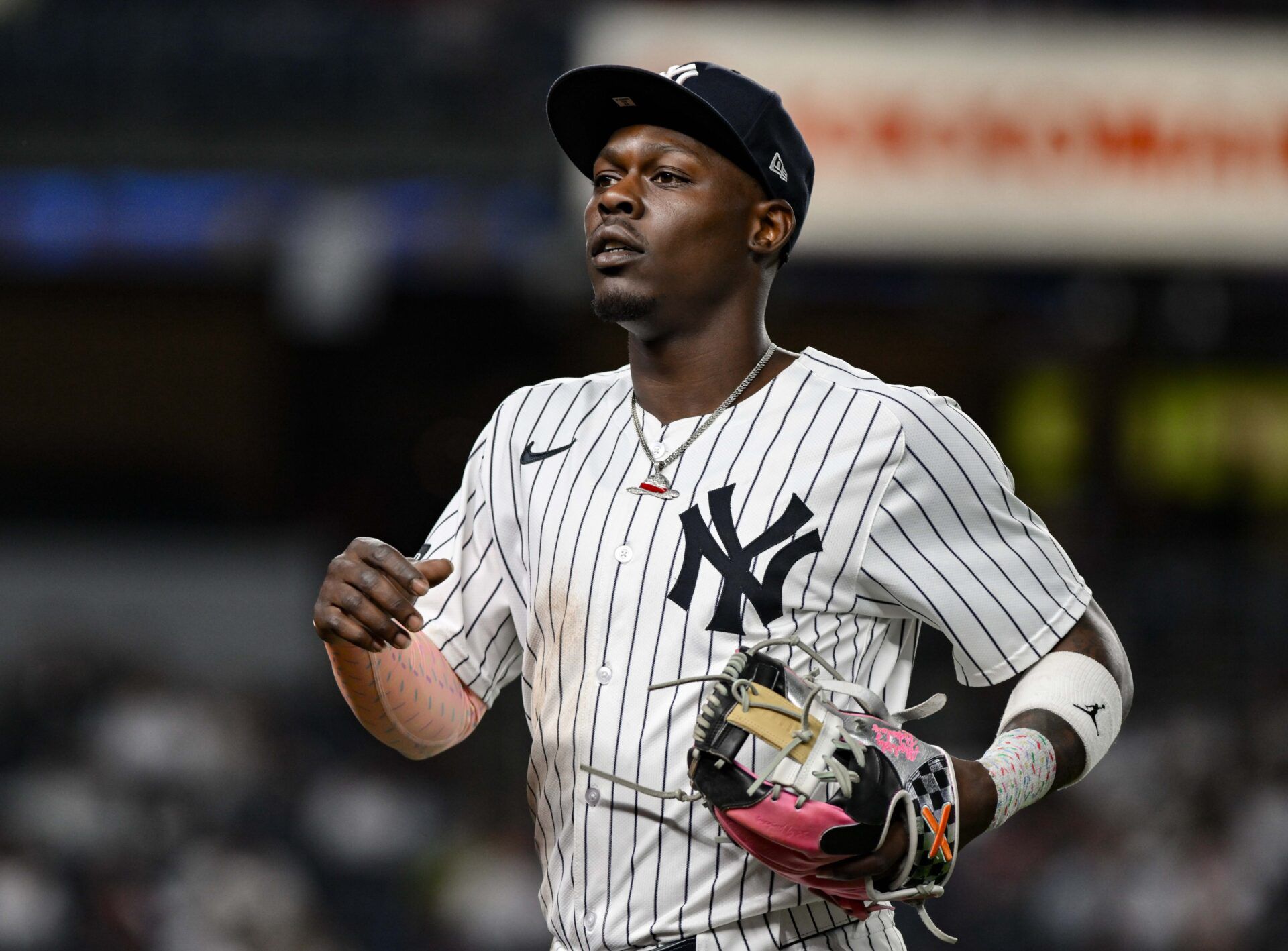 New York Yankees second baseman Jazz Chisholm Jr. (13) during a game against the Boston Red Sox at Yankee Stadium.