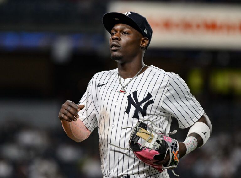 New York Yankees second baseman Jazz Chisholm Jr. (13) during a game against the Boston Red Sox at Yankee Stadium.