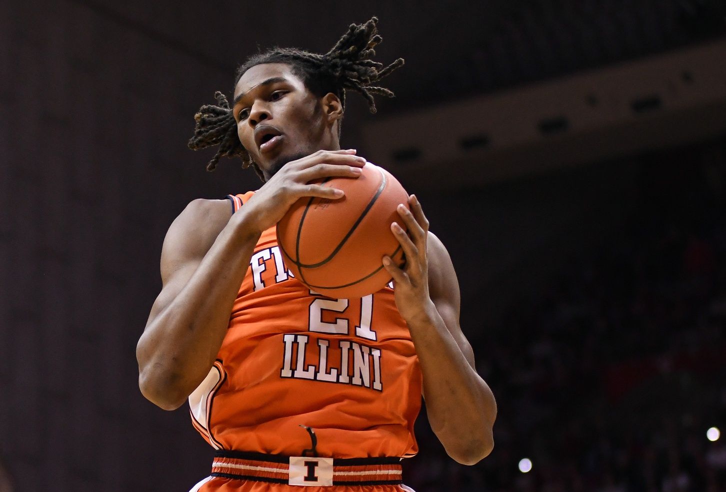 Illinois Fighting Illini forward Morez Johnson Jr. (21) rebounds the ball during the first half against the Indiana Hoosiers at Simon Skjodt Assembly Hall.