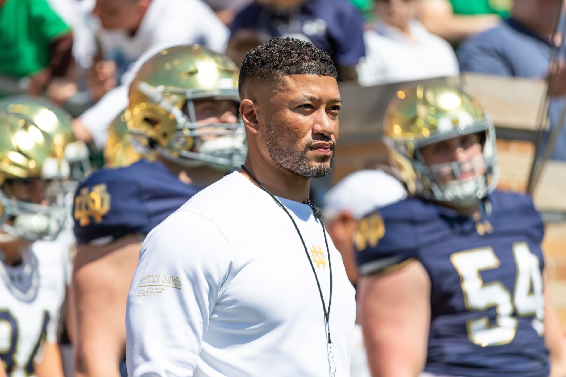 Notre Dame Fighting Irish head coach Marcus Freeman waits to run onto the field during the Blue-Gold game at Notre Dame Stadium.