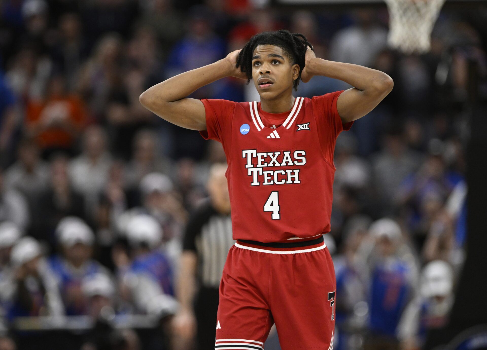 Texas Tech Red Raiders guard Christian Anderson (4) reacts after losing to the Florida Gators during the West Regional final of the 2025 NCAA tournament at Chase Center.