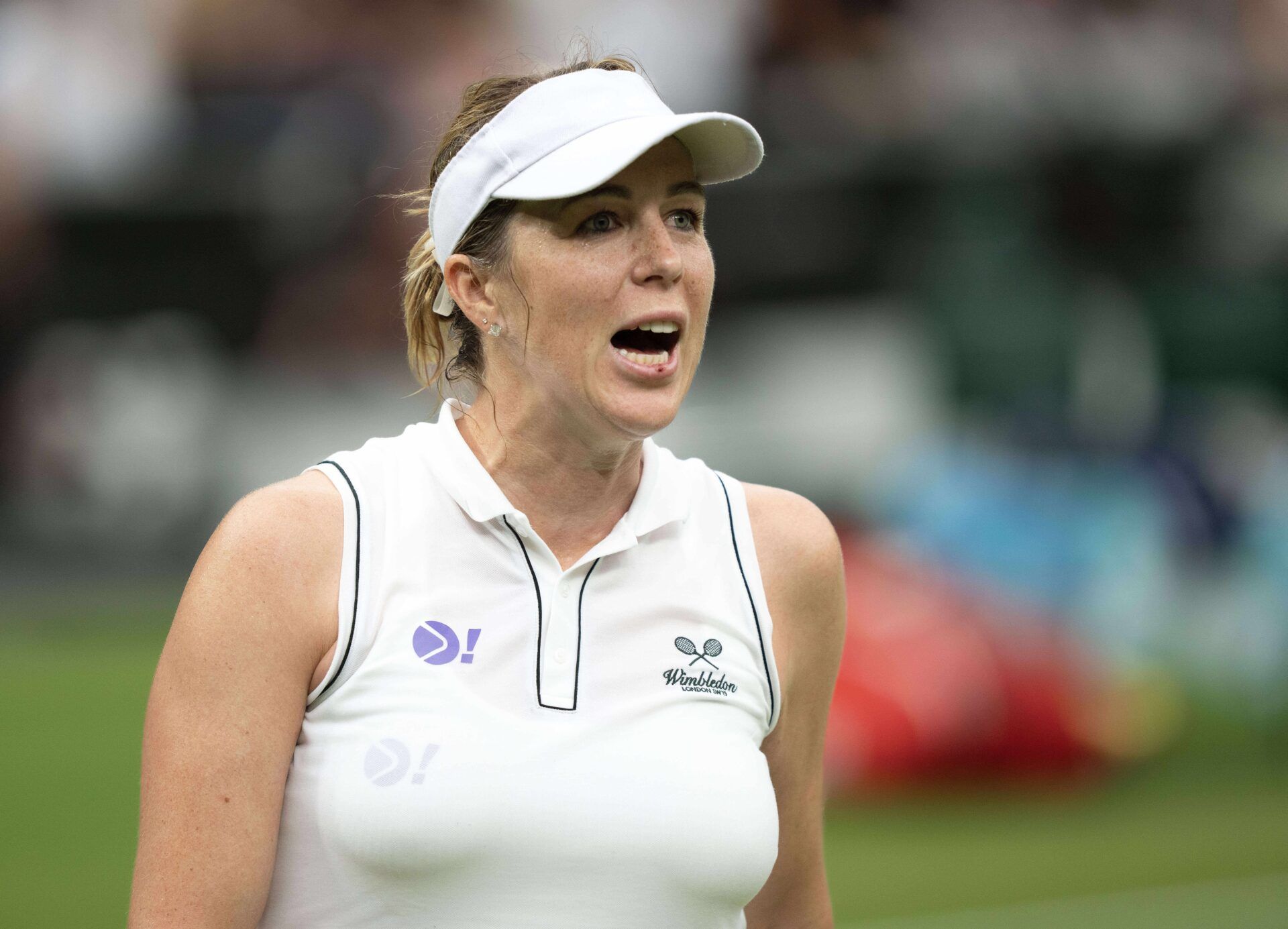 Anastasia Pavlyuchenkova reacts to a point during her match against Sonny Kartal of Great Britain on day seven at the All England Lawn Tennis and Croquet Club.