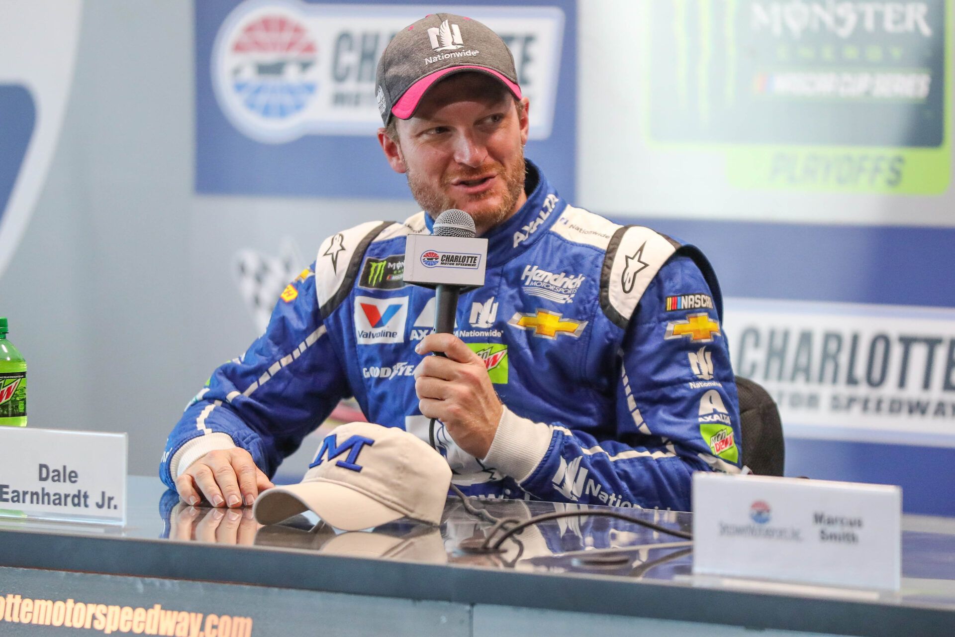 Monster Energy NASCAR Cup Series driver Dale Earnhardt Jr. (88)  answers questions after practice for the Bank of American 500 at Charlotte Motor Speedway.