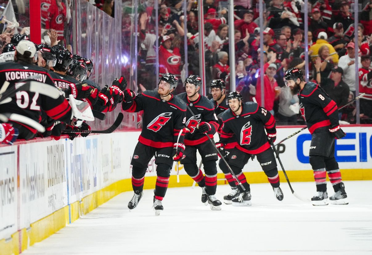 Carolina Hurricanes center Jack Roslovic (96) celebrates his goal against the Washington Capitals during the second period in game three of the second round of the 2025 Stanley Cup Playoffs at Lenovo Center.