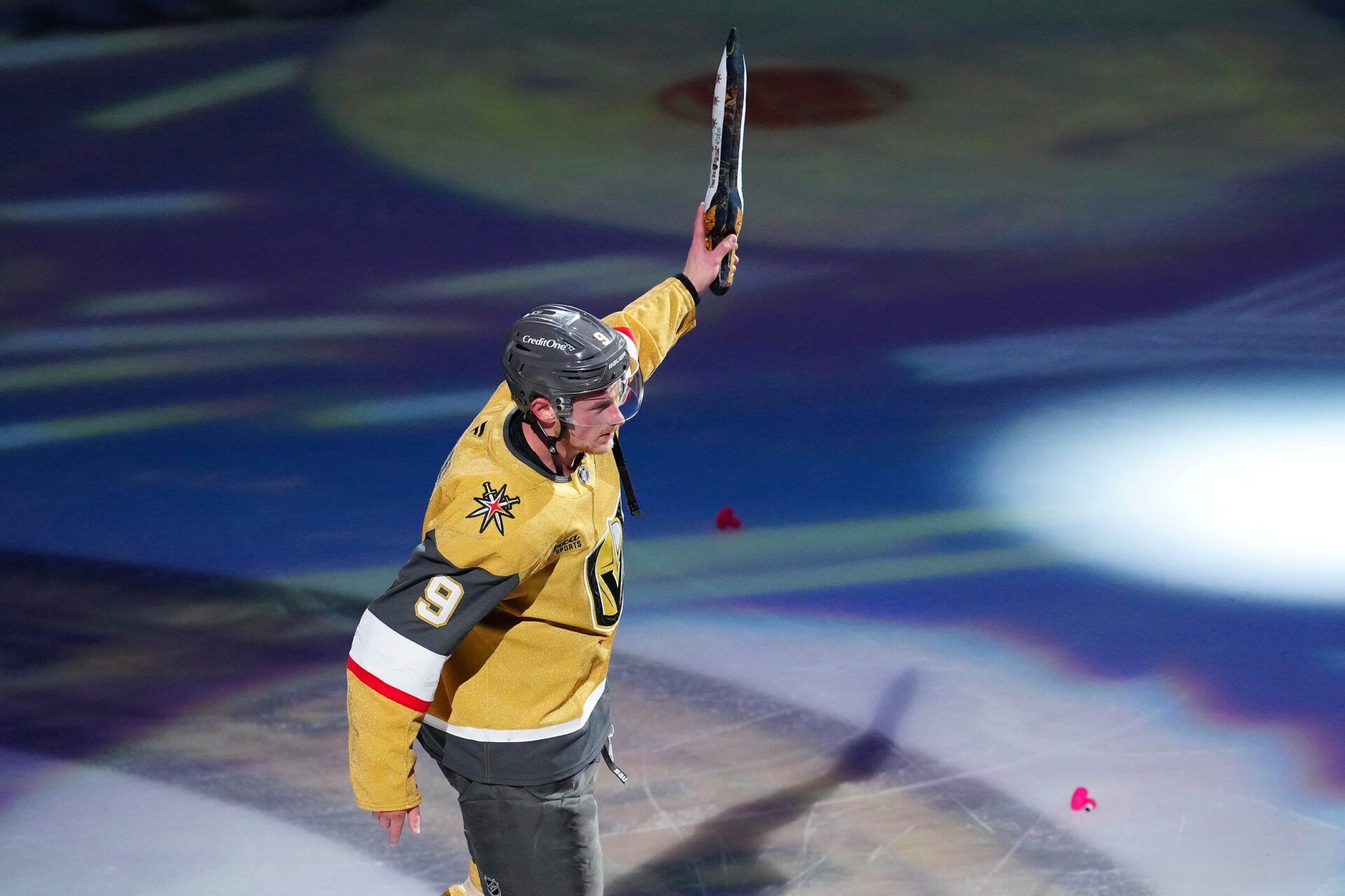 Vegas Golden Knights center Jack Eichel (9) is named Second Star of the Game after the Golden Knights defeated the Minnesota Wild 3-2 in an overtime period of game five of the first round of the 2025 Stanley Cup Playoffs at T-Mobile Arena.
