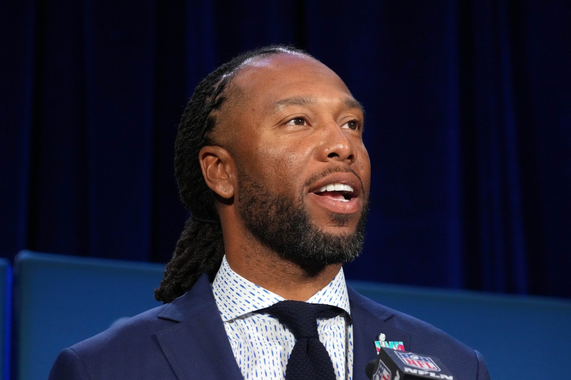 Larry Fitzgerald at the Super Bowl Host Committee Handoff press conference at the Phoenix Convention Center.