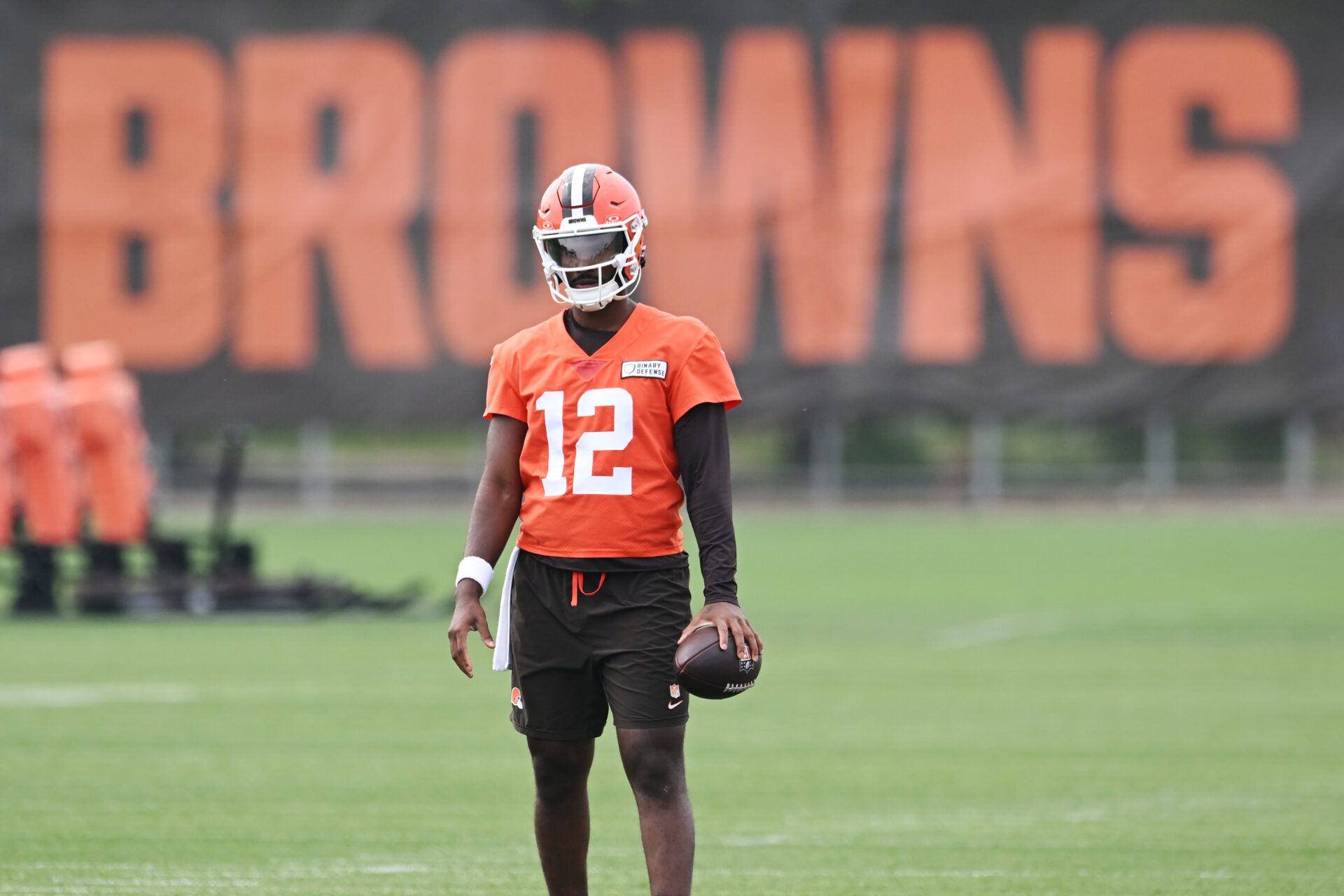 Cleveland Browns quarterback Shedeur Sanders (12) during mini camp at CrossCountry Mortgage Campus.