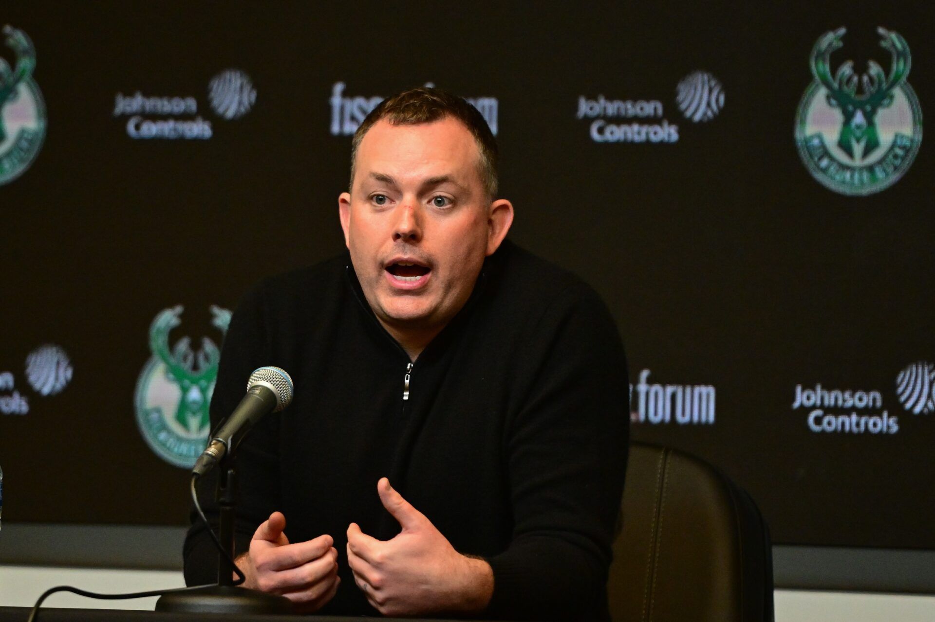 Milwaukee Bucks general manager Jon Horst address the media after head coach Adrian Griffin (not pictured) was dismissed at Fiserv Forum.