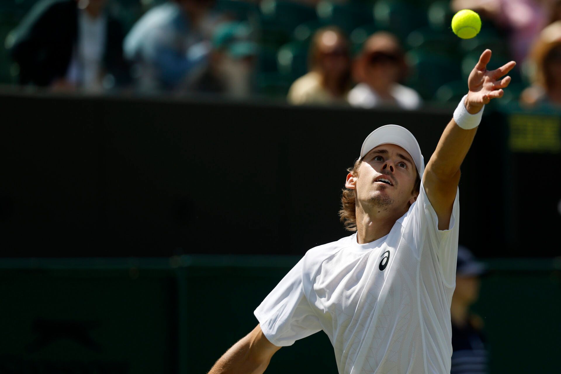 Alex de Minaur (AUS) serves against Arthur Cazaux (FRA)(not pictured) on day four of The Championships Wimbledon 2025 at All England Lawn Tennis and Croquet Club.