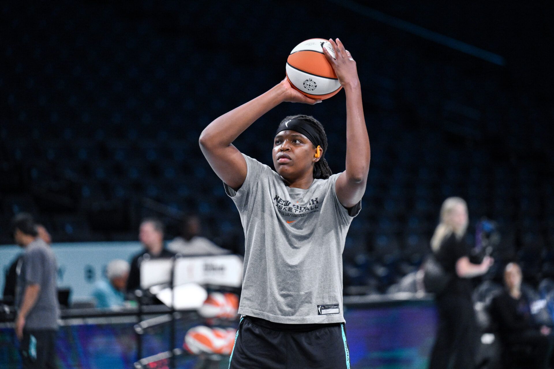 New York Liberty center Jonquel Jones (35) warms up before a game against the Phoenix Mercury at Barclays Center.