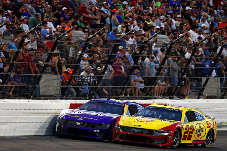 NASCAR Cup Series driver Brad Keselowski (6) and NASCAR Cup Series driver Joey Logano (22) during NASCAR All-Star Open at North Wilkesboro Speedway.