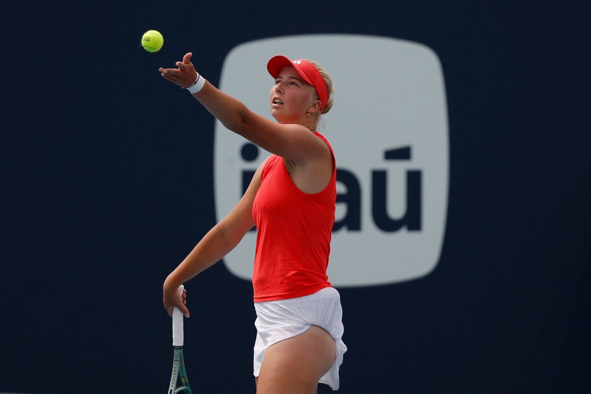 Clara Tauson (DEN) serves against Paula Badosa (ESP)(not pictured) on day six of the Miami Open at Hard Rock Stadium.