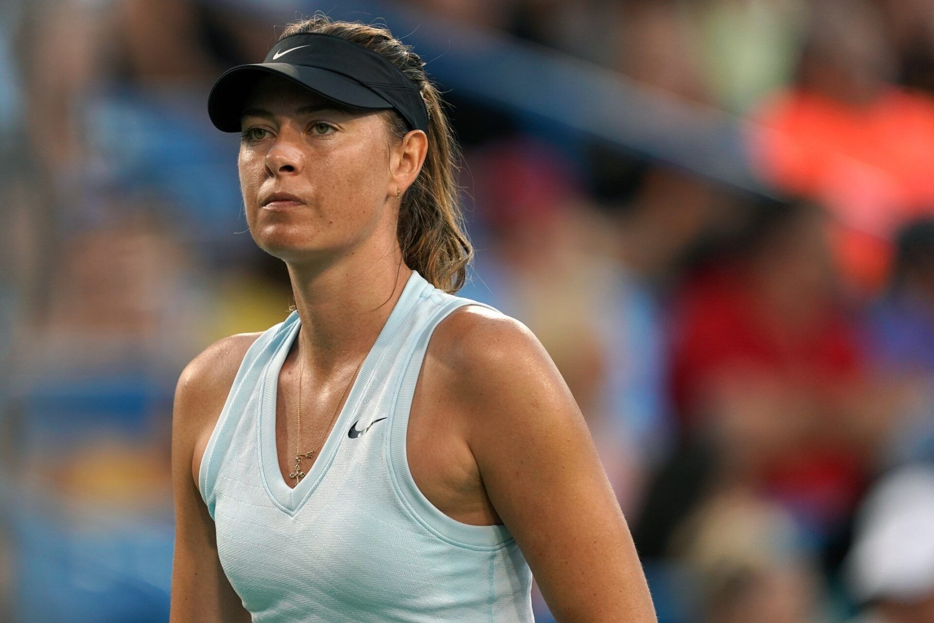 Maria Sharapova (RUS) reacts against Alison Riske (USA) during the Western and Southern Open tennis tournament at Lindner Family Tennis Center.